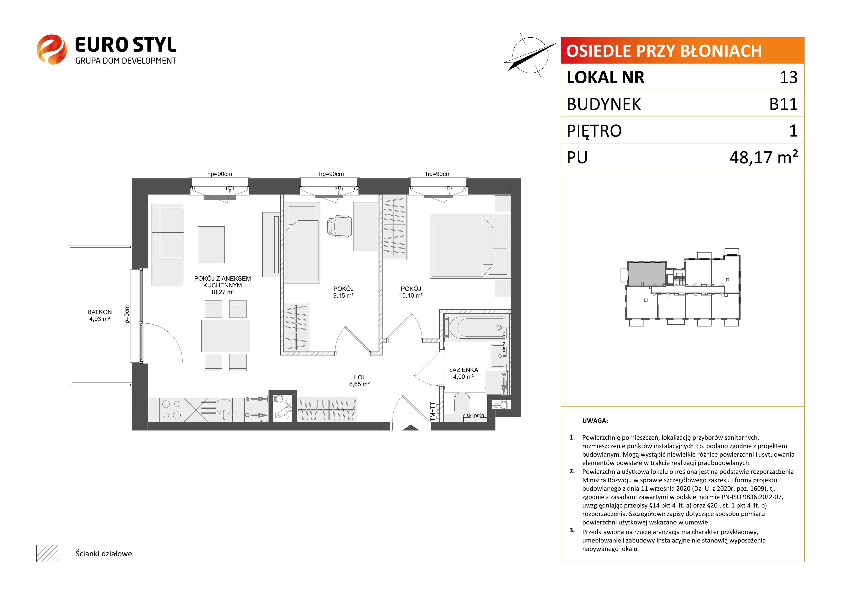 3 pokoje, mieszkanie 48,17 m², piętro 1, oferta nr B11/13, Osiedle przy Błoniach 3 - etap IV, Rumia, Janowo, ul. Błoń Janowskich 