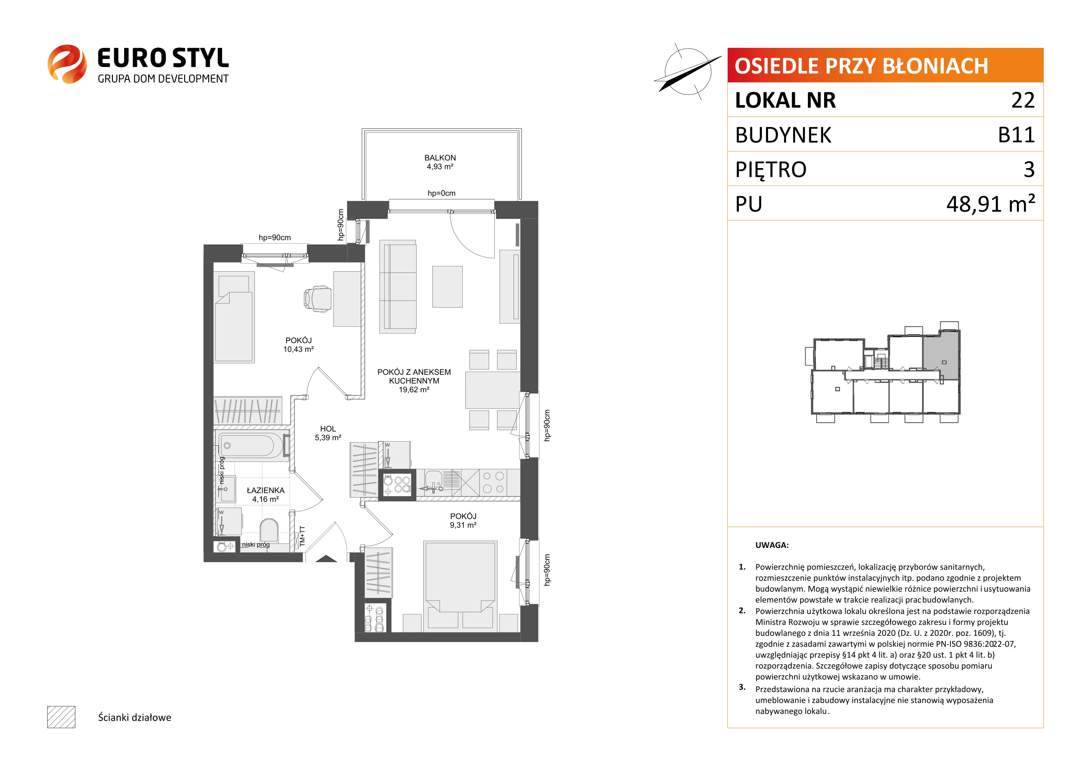 3 pokoje, mieszkanie 48,91 m², piętro 3, oferta nr B11/22, Osiedle przy Błoniach 3 - etap IV, Rumia, Janowo, ul. Błoń Janowskich 