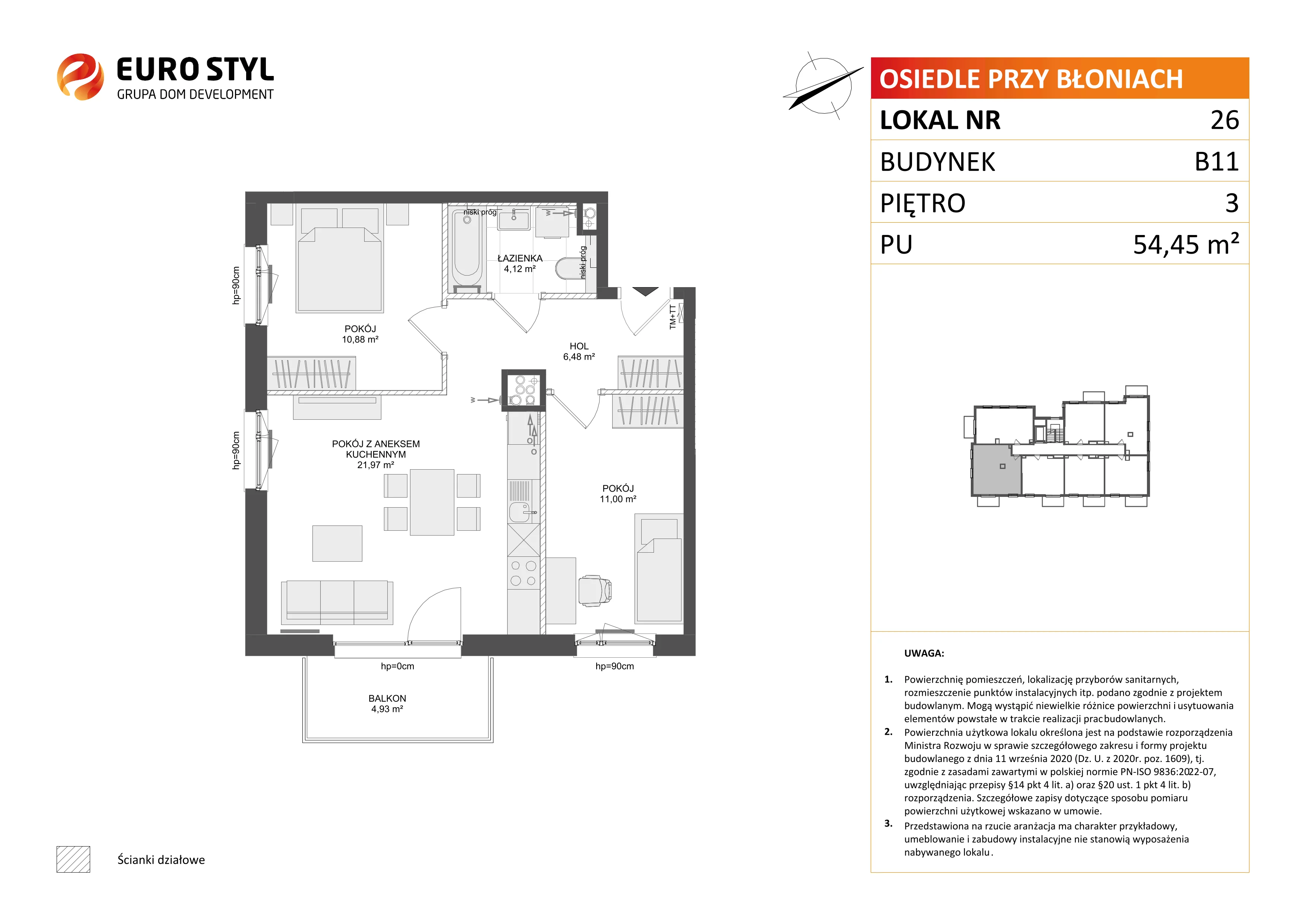 3 pokoje, mieszkanie 54,45 m², piętro 3, oferta nr B11/26, Osiedle przy Błoniach 3 - etap IV, Rumia, Janowo, ul. Błoń Janowskich 