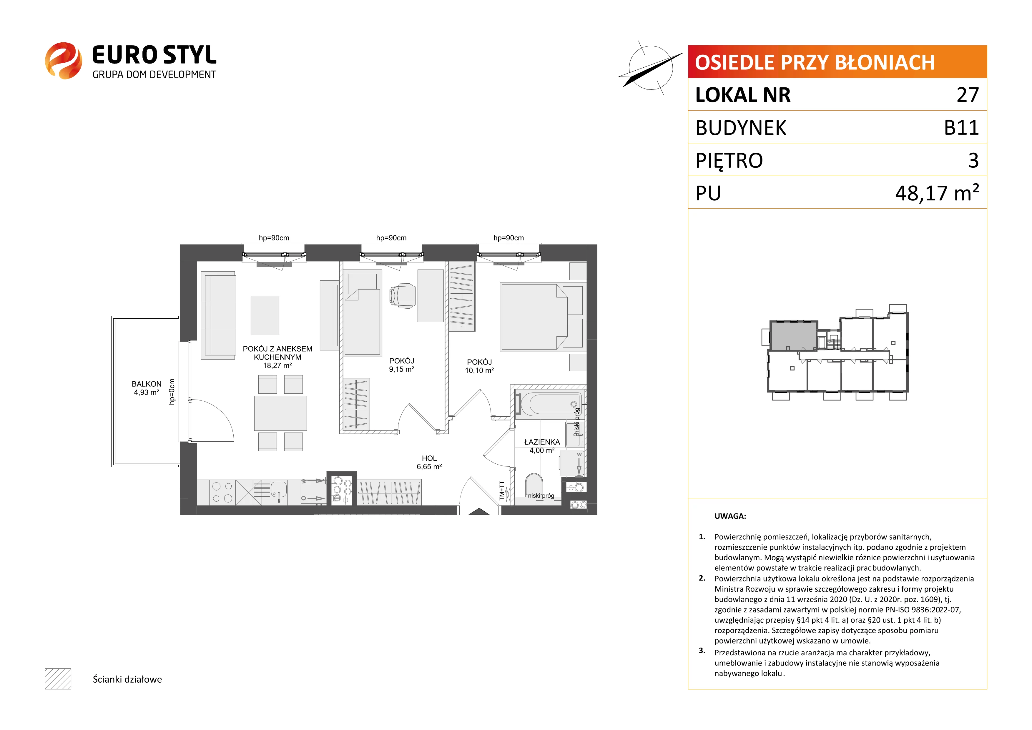 3 pokoje, mieszkanie 48,17 m², piętro 3, oferta nr B11/27, Osiedle przy Błoniach 3 - etap IV, Rumia, Janowo, ul. Błoń Janowskich 