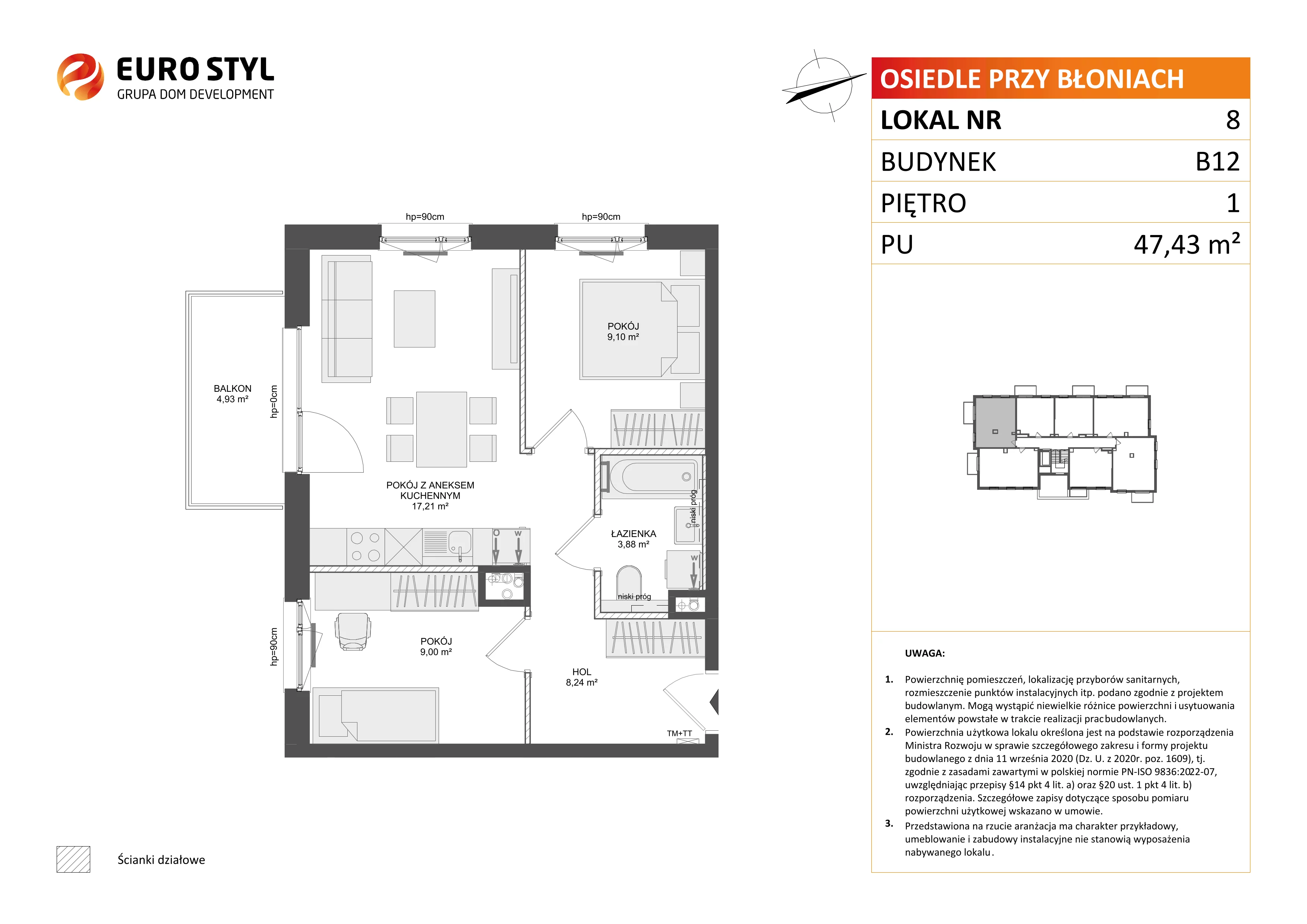3 pokoje, mieszkanie 47,43 m², piętro 1, oferta nr B12/8, Osiedle przy Błoniach 3 - etap IV, Rumia, Janowo, ul. Błoń Janowskich 