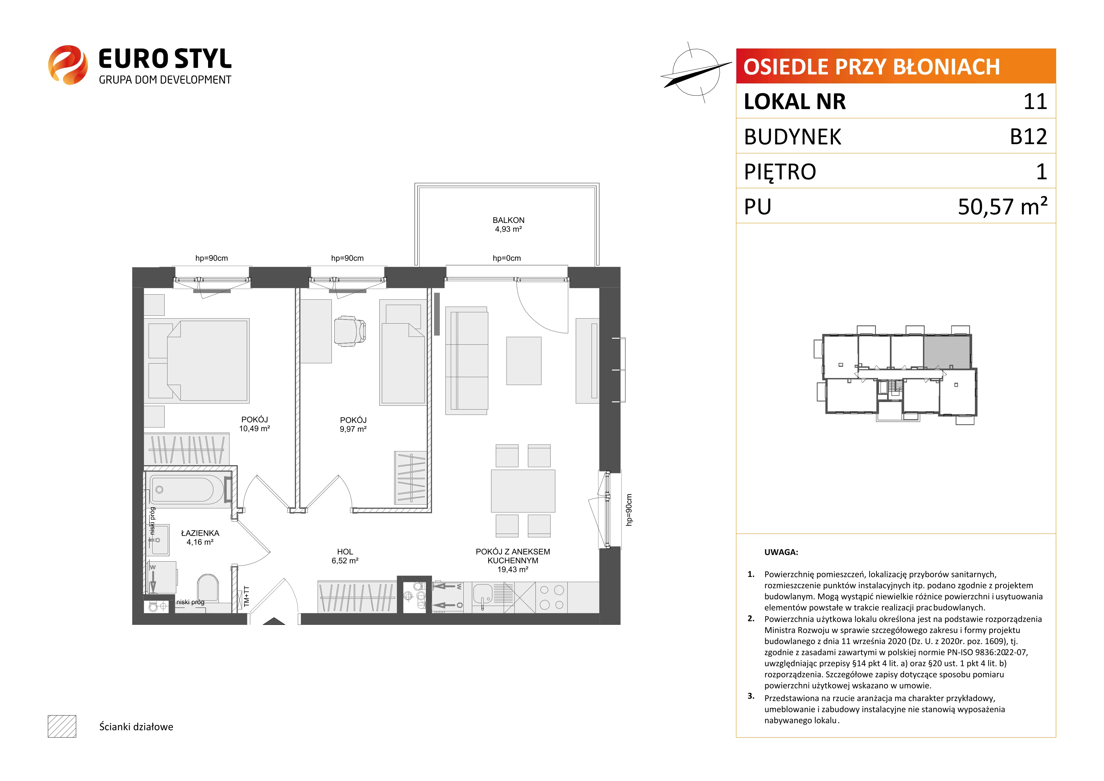 3 pokoje, mieszkanie 50,57 m², piętro 1, oferta nr B12/11, Osiedle przy Błoniach 3 - etap IV, Rumia, Janowo, ul. Błoń Janowskich 