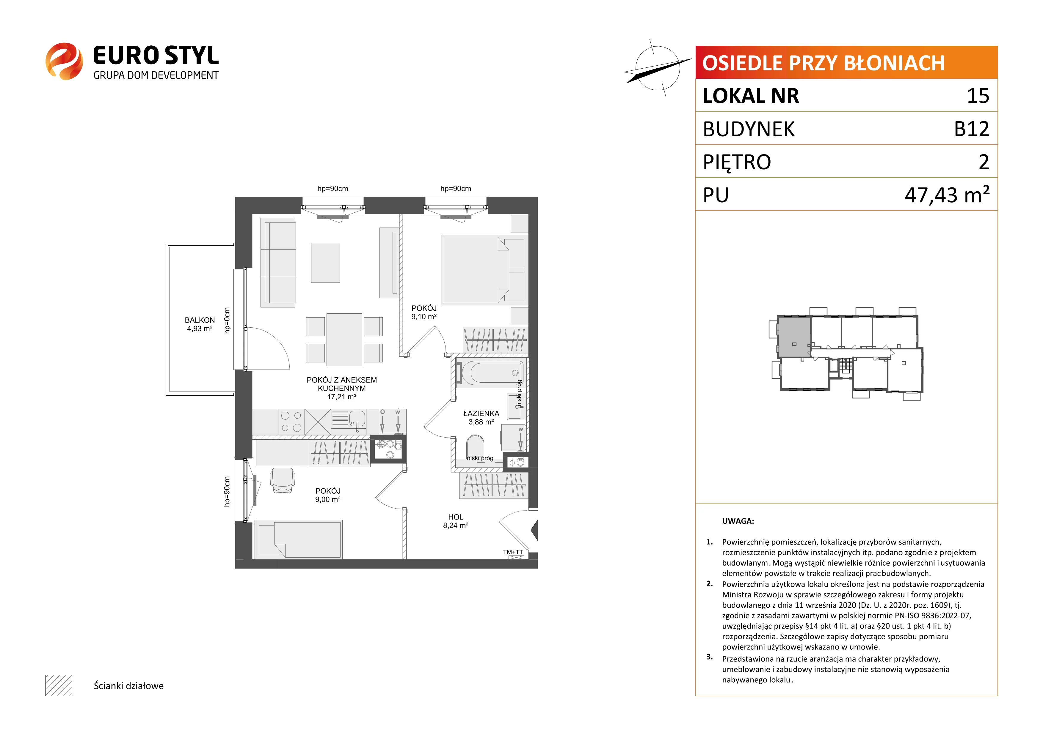 3 pokoje, mieszkanie 47,43 m², piętro 2, oferta nr B12/15, Osiedle przy Błoniach 3 - etap IV, Rumia, Janowo, ul. Błoń Janowskich 