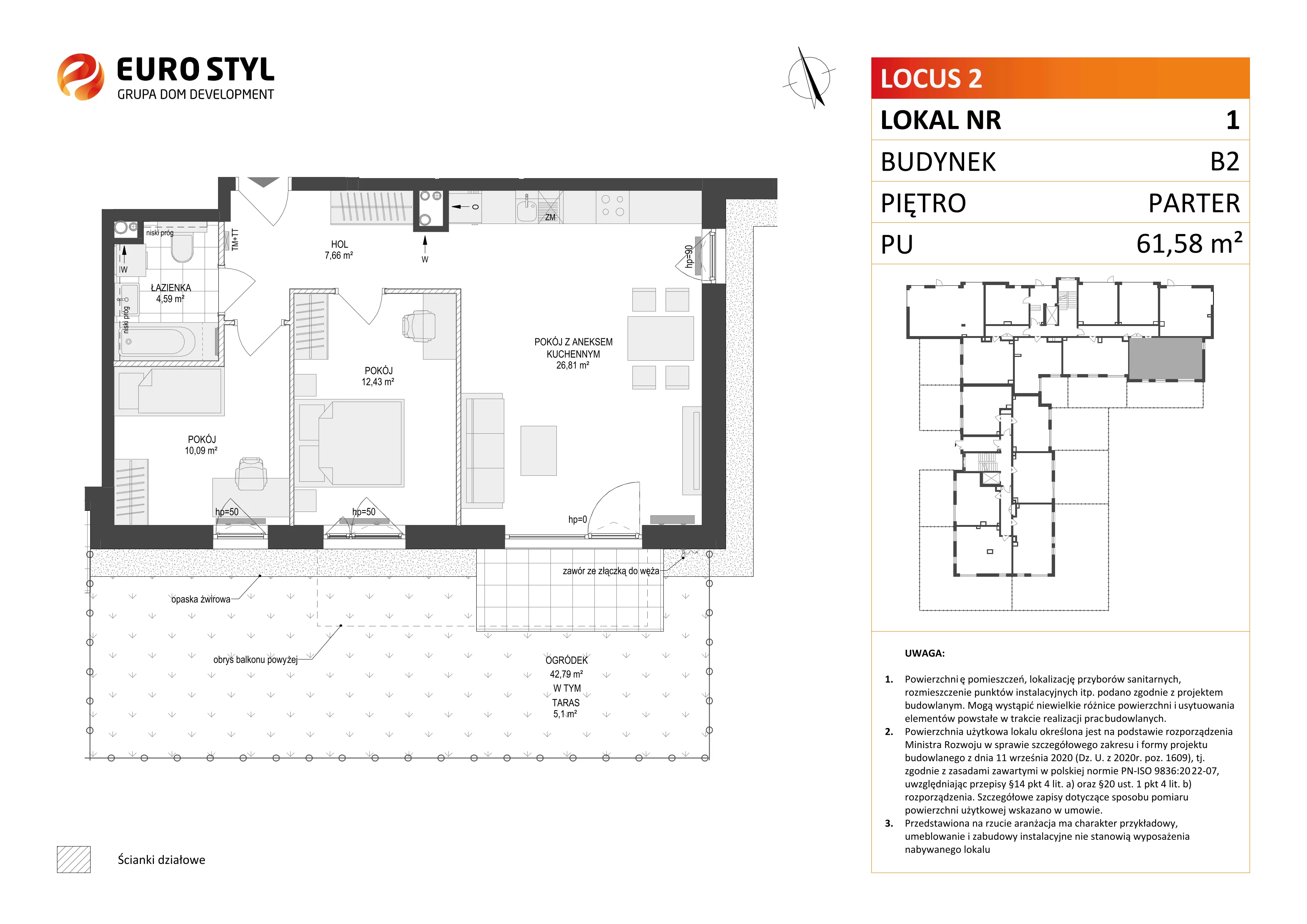 3 pokoje, mieszkanie 61,58 m², parter, oferta nr B2/1, Locus 2 - etap II, Rumia, Janowo, ul. Dąbrowskiego