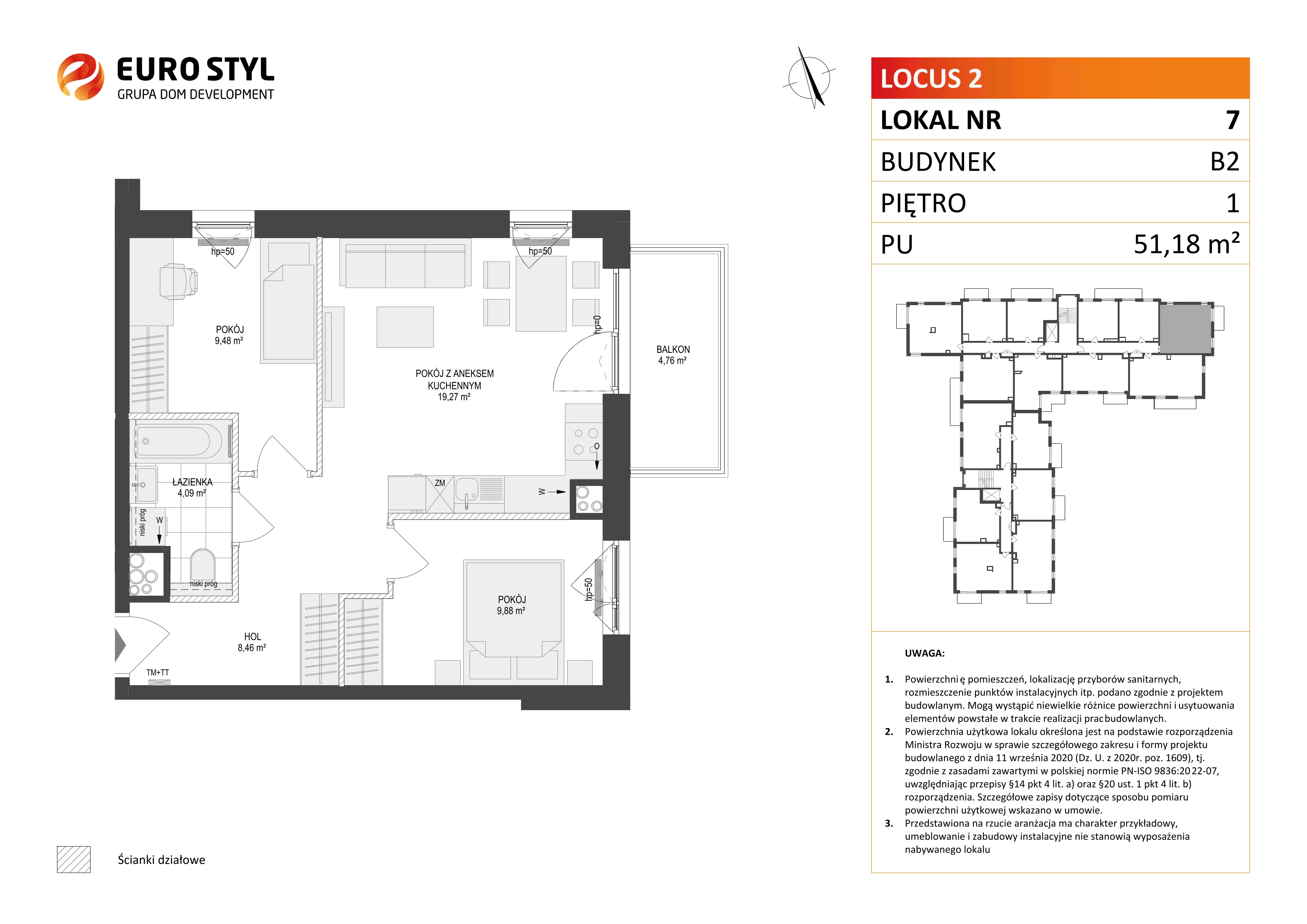 3 pokoje, mieszkanie 51,18 m², piętro 1, oferta nr B2/7, Locus 2 - etap II, Rumia, Janowo, ul. Dąbrowskiego