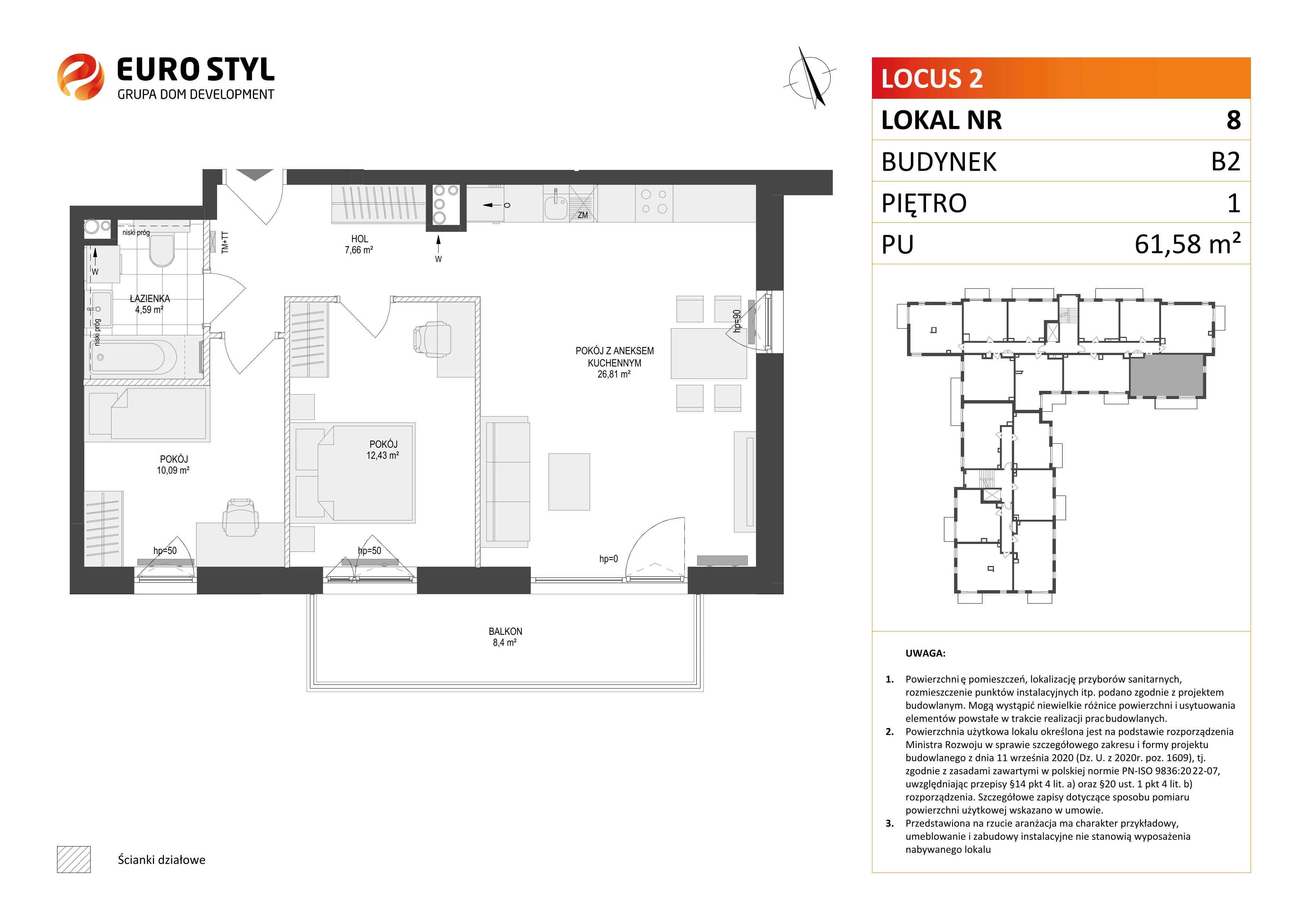 3 pokoje, mieszkanie 61,58 m², piętro 1, oferta nr B2/8, Locus 2 - etap II, Rumia, Janowo, ul. Dąbrowskiego