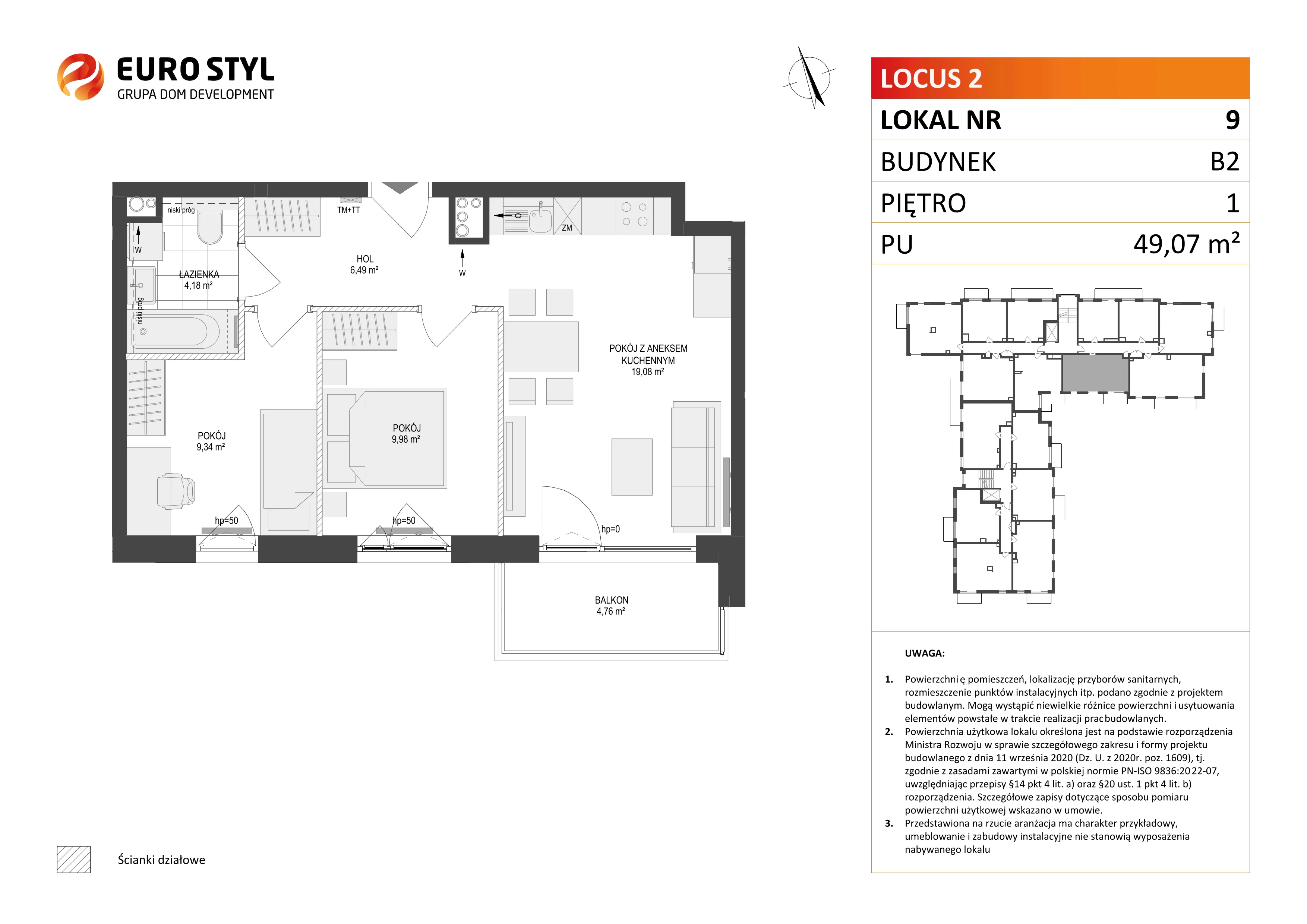 3 pokoje, mieszkanie 49,07 m², piętro 1, oferta nr B2/9, Locus 2 - etap II, Rumia, Janowo, ul. Dąbrowskiego