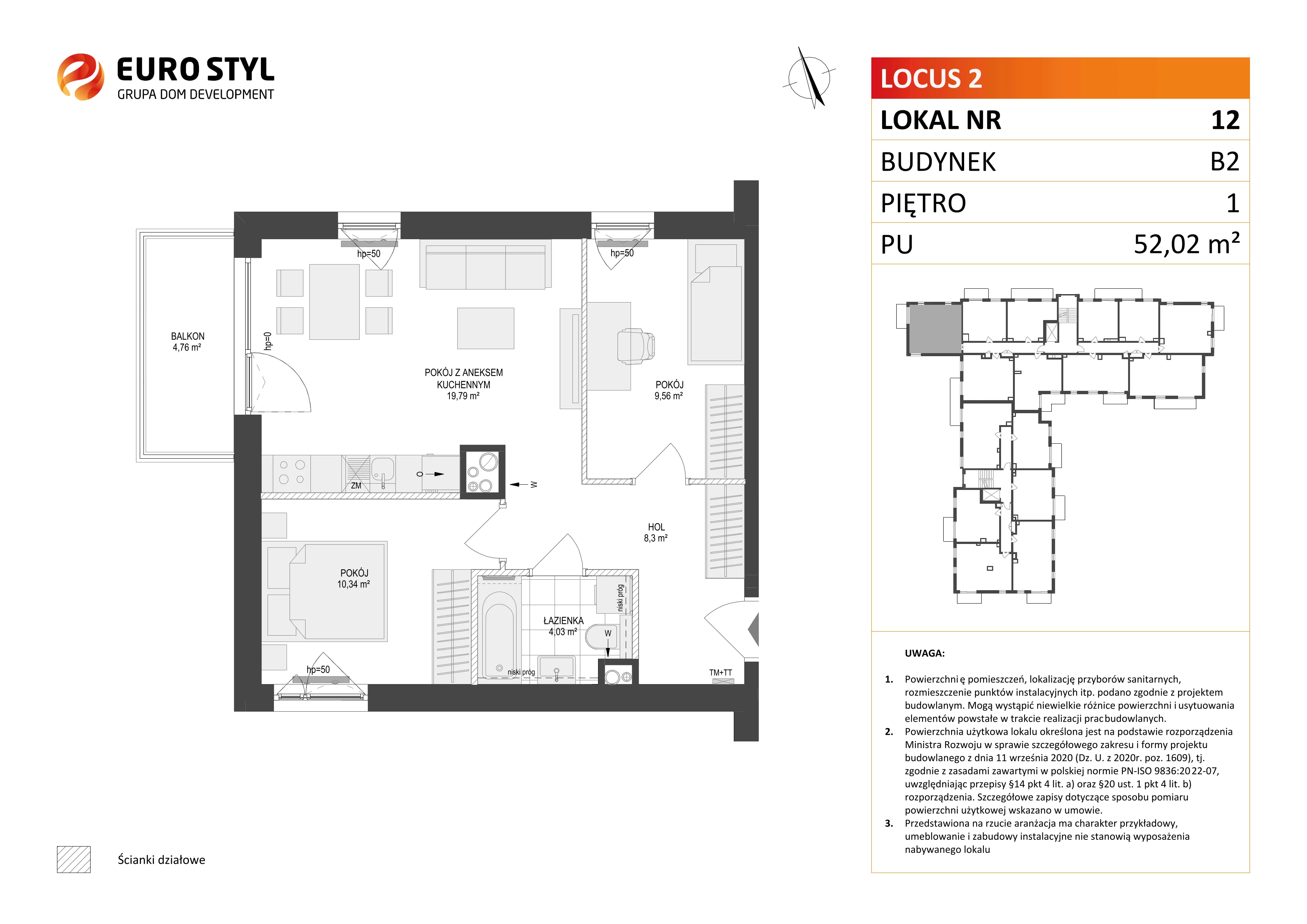 3 pokoje, mieszkanie 52,02 m², piętro 1, oferta nr B2/12, Locus 2 - etap II, Rumia, Janowo, ul. Dąbrowskiego