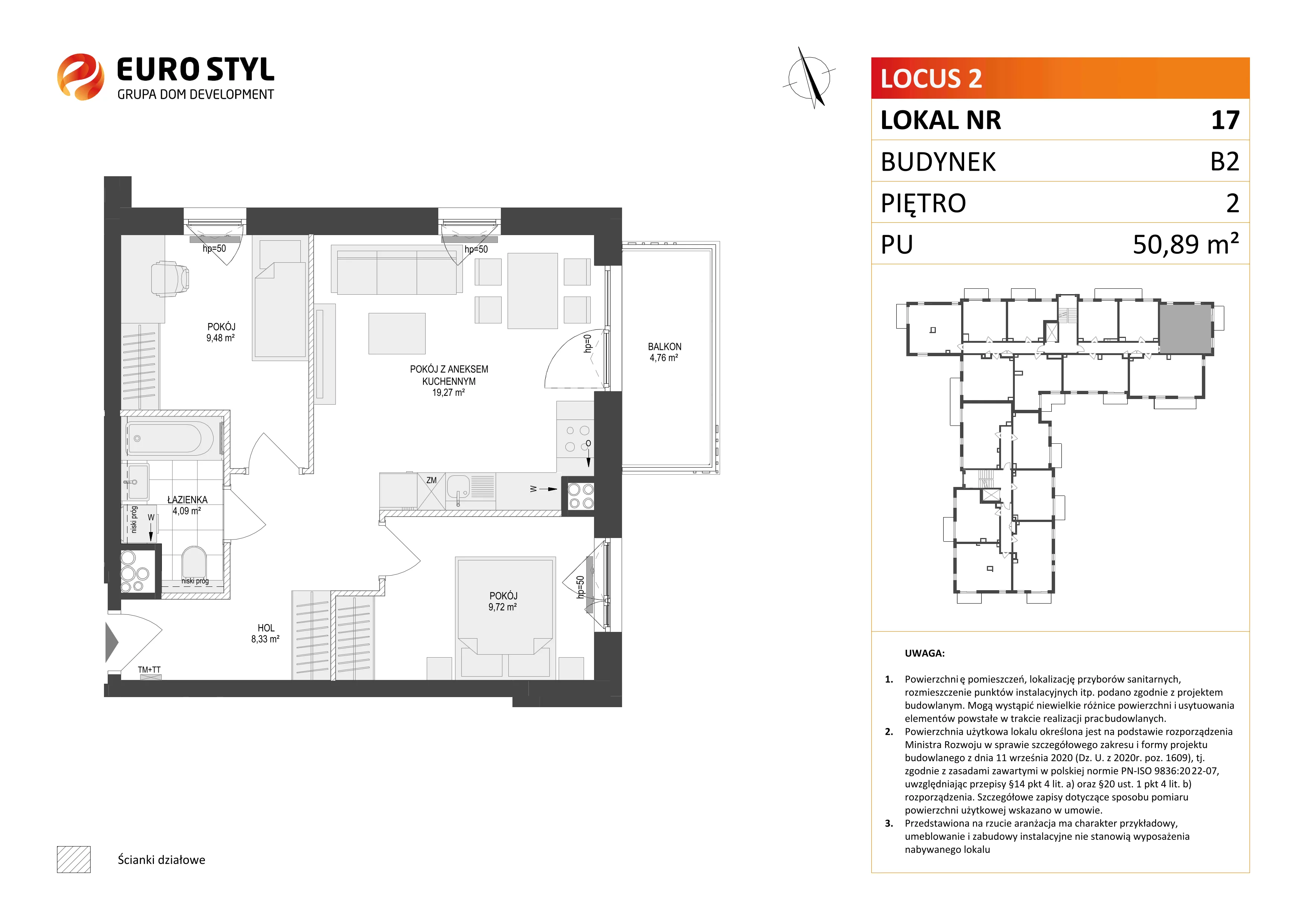 3 pokoje, mieszkanie 50,89 m², piętro 2, oferta nr B2/17, Locus 2 - etap II, Rumia, Janowo, ul. Dąbrowskiego