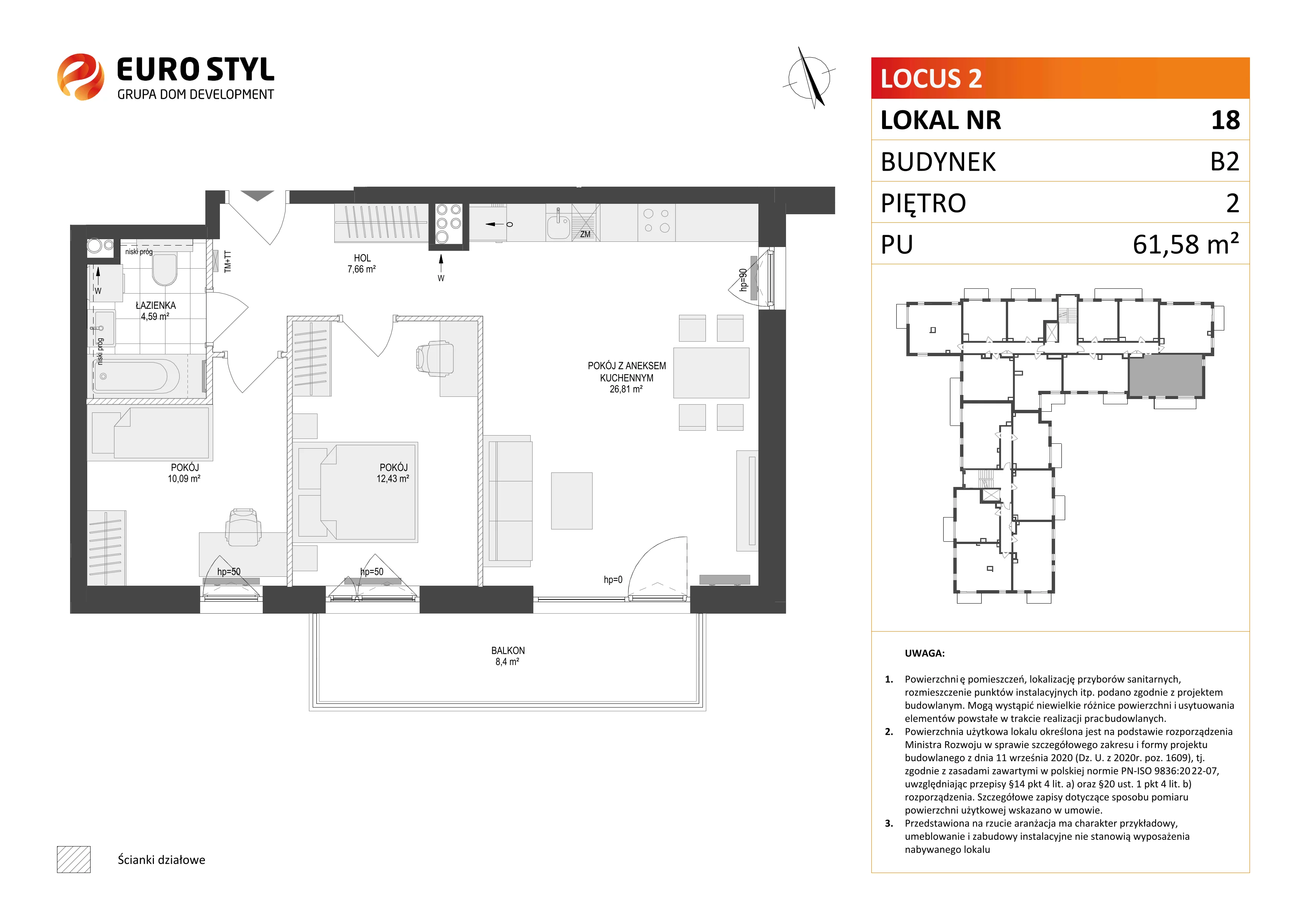 3 pokoje, mieszkanie 61,58 m², piętro 2, oferta nr B2/18, Locus 2 - etap II, Rumia, Janowo, ul. Dąbrowskiego