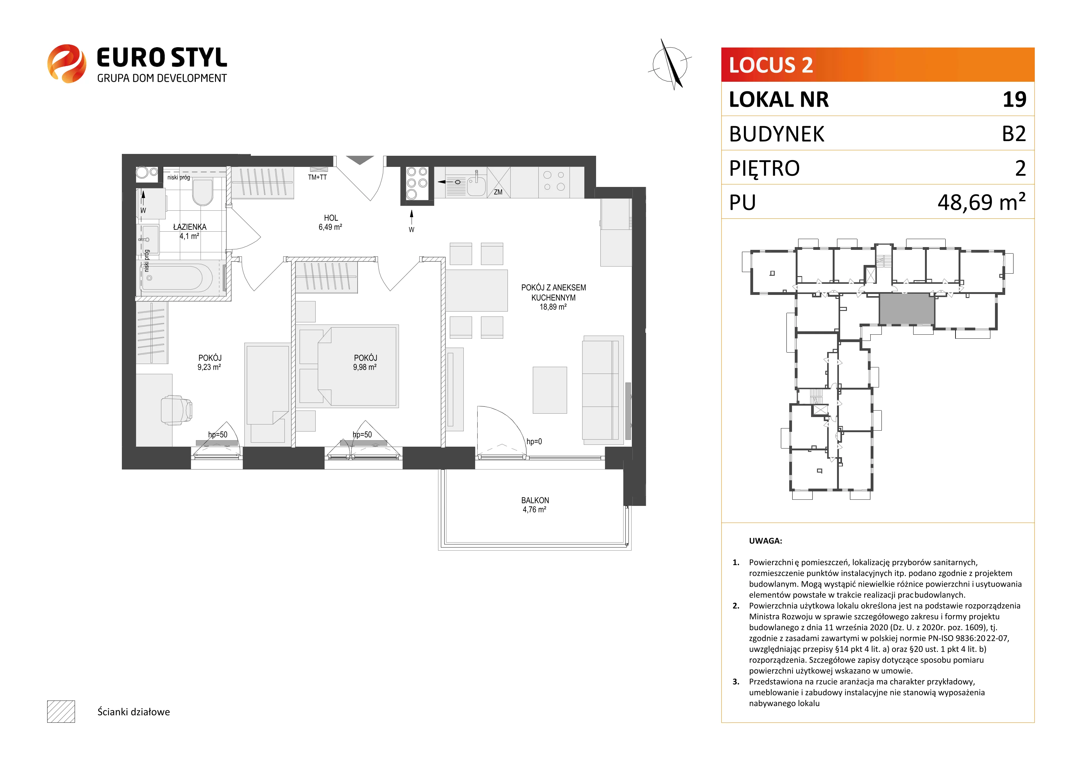 3 pokoje, mieszkanie 48,69 m², piętro 2, oferta nr B2/19, Locus 2 - etap II, Rumia, Janowo, ul. Dąbrowskiego