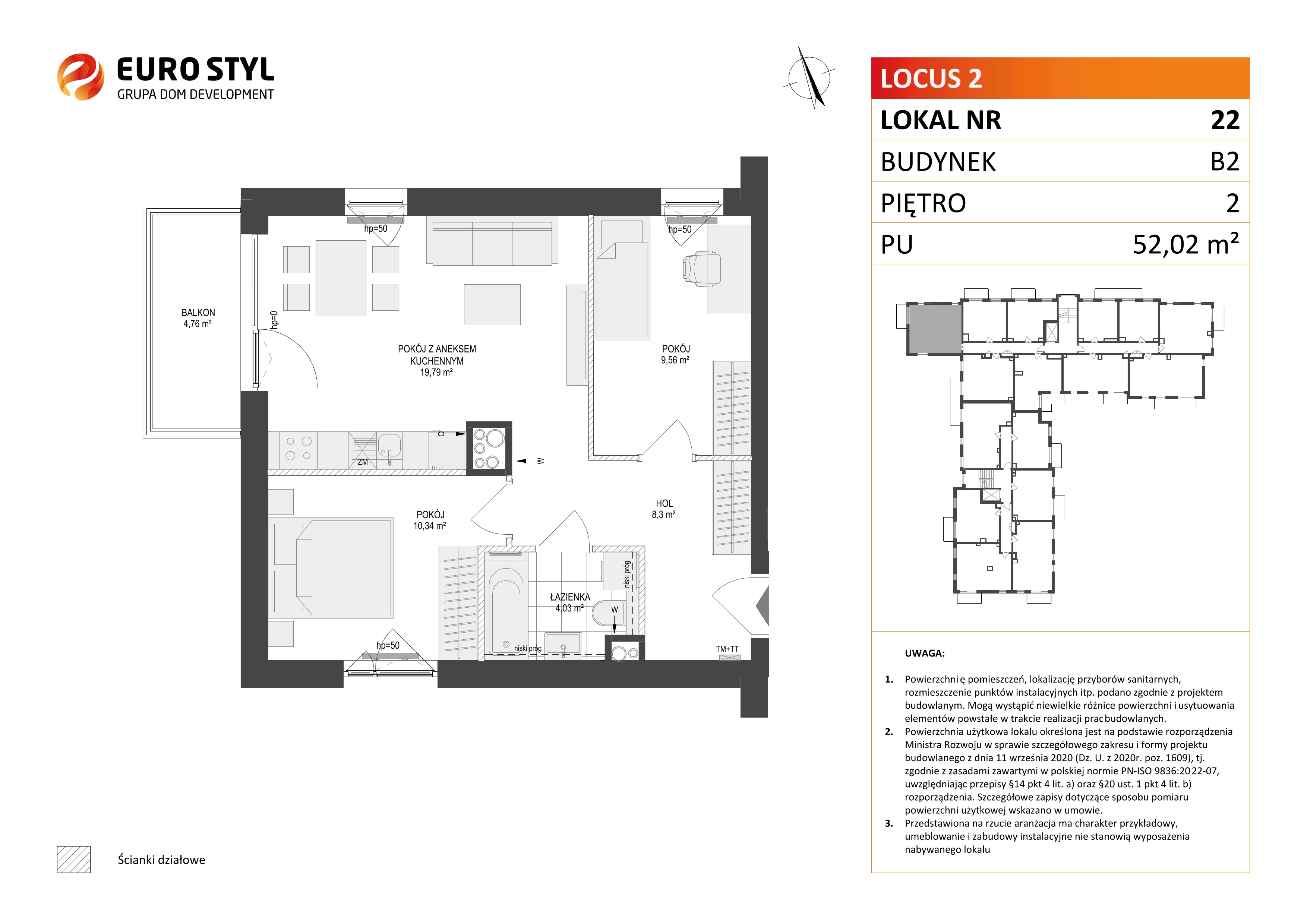 3 pokoje, mieszkanie 52,02 m², piętro 2, oferta nr B2/22, Locus 2 - etap II, Rumia, Janowo, ul. Dąbrowskiego