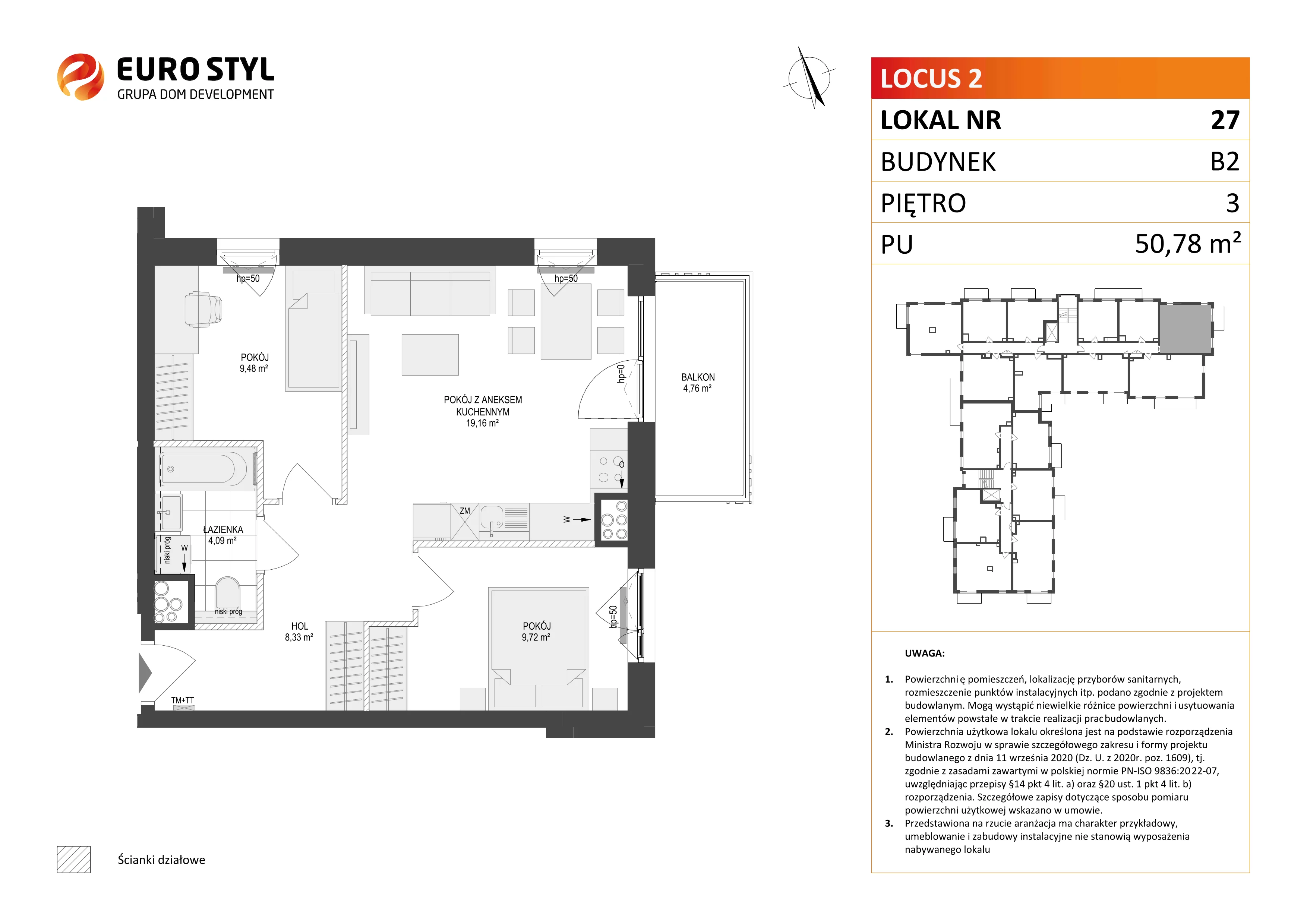 3 pokoje, mieszkanie 50,78 m², piętro 3, oferta nr B2/27, Locus 2 - etap II, Rumia, Janowo, ul. Dąbrowskiego