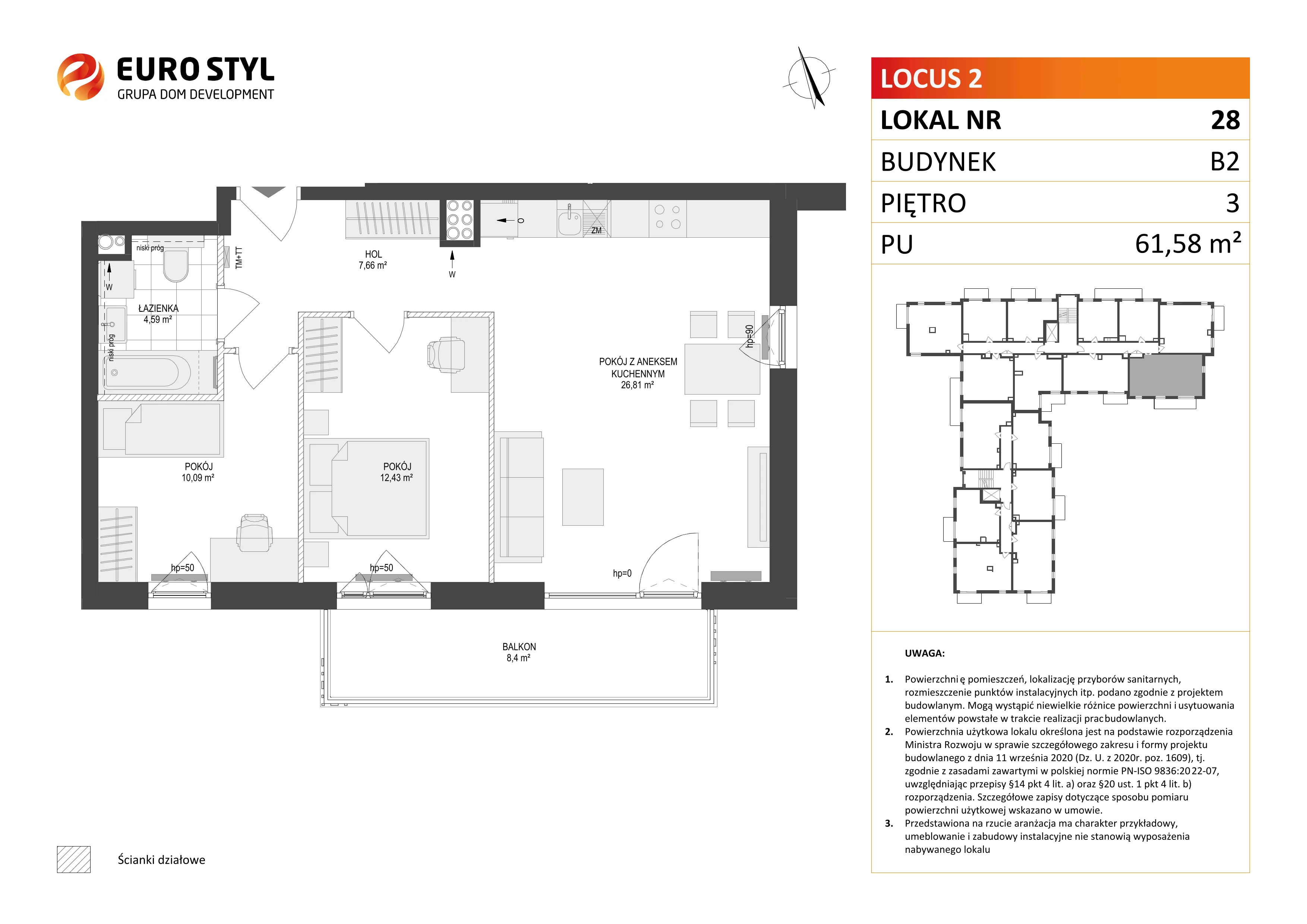 3 pokoje, mieszkanie 61,58 m², piętro 3, oferta nr B2/28, Locus 2 - etap II, Rumia, Janowo, ul. Dąbrowskiego