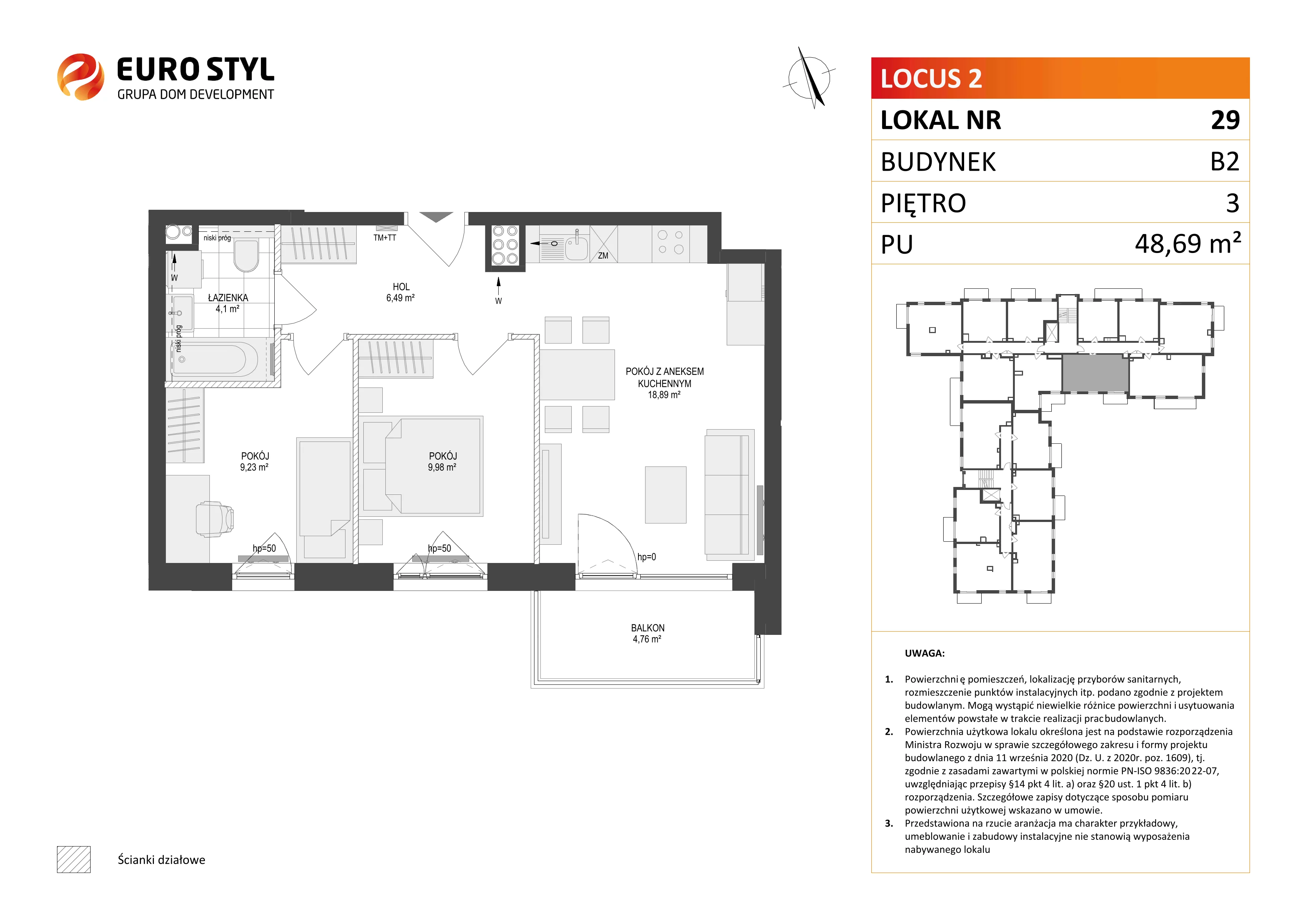 3 pokoje, mieszkanie 48,69 m², piętro 3, oferta nr B2/29, Locus 2 - etap II, Rumia, Janowo, ul. Dąbrowskiego