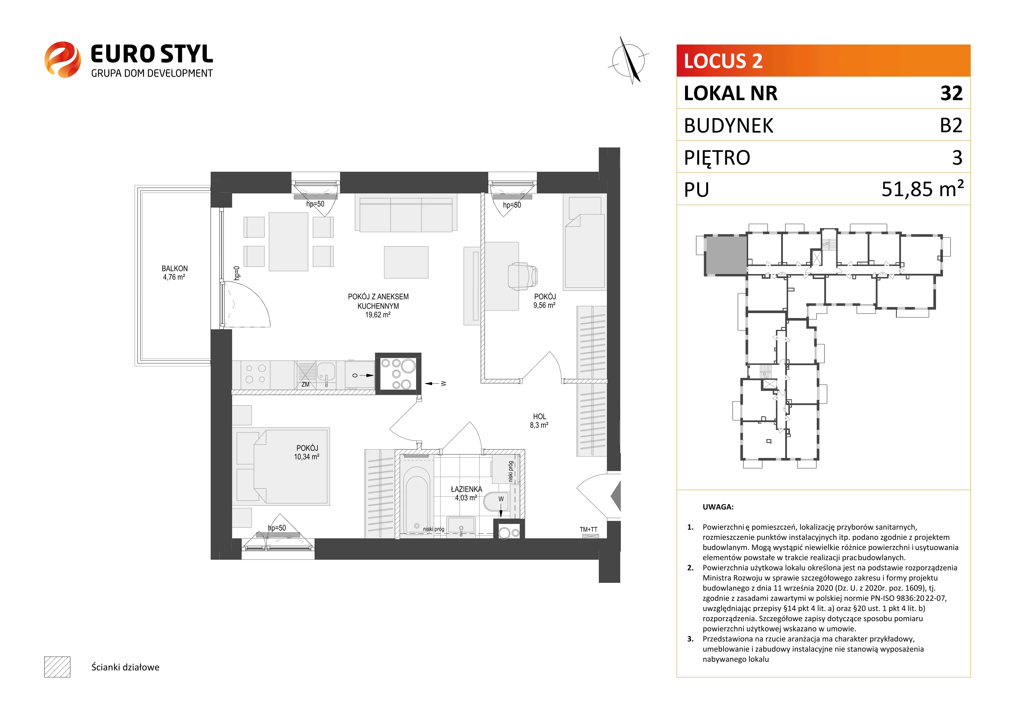 3 pokoje, mieszkanie 51,85 m², piętro 3, oferta nr B2/32, Locus 2 - etap II, Rumia, Janowo, ul. Dąbrowskiego