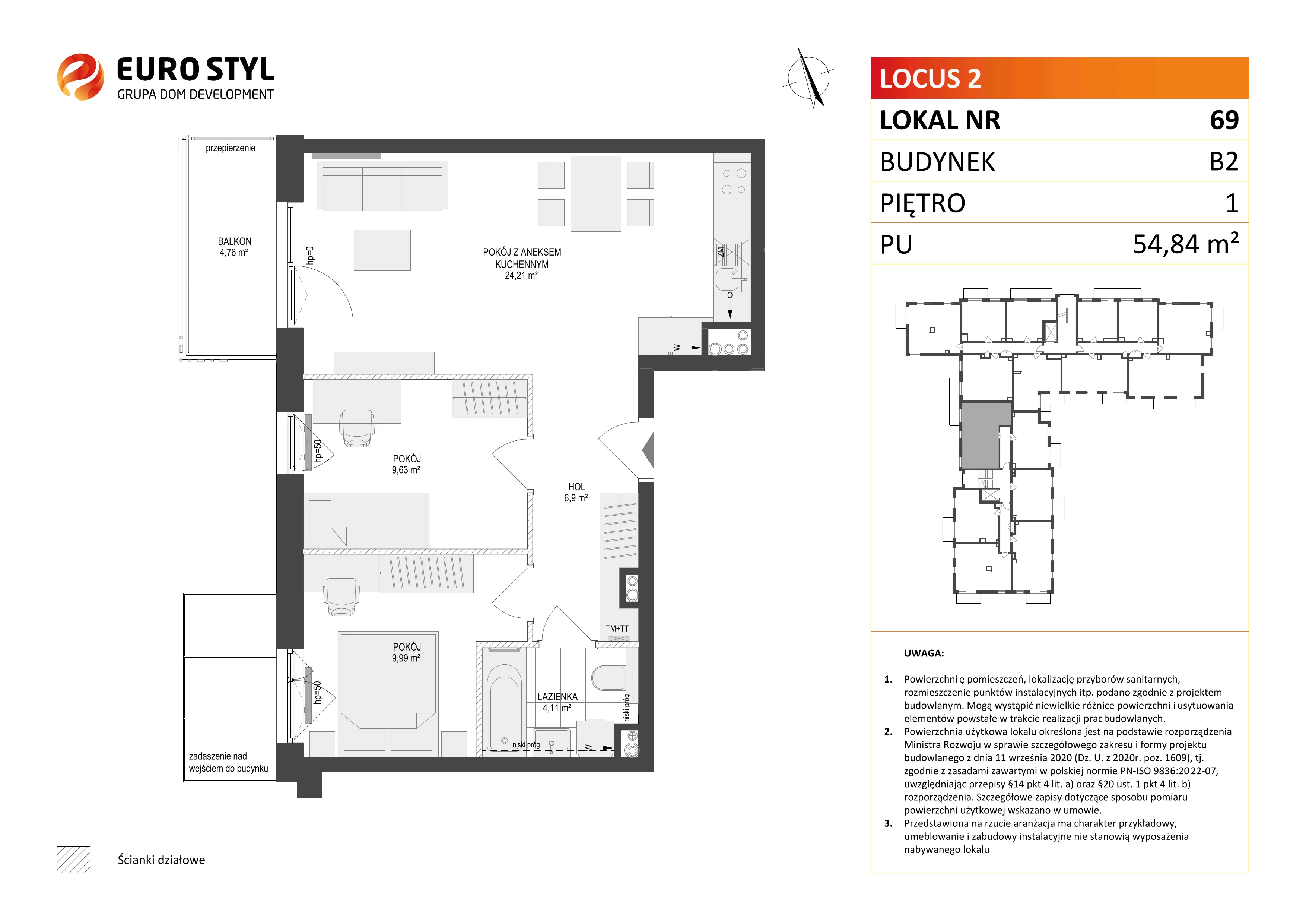 3 pokoje, mieszkanie 54,84 m², piętro 1, oferta nr B2/69, Locus 2 - etap II, Rumia, Janowo, ul. Dąbrowskiego