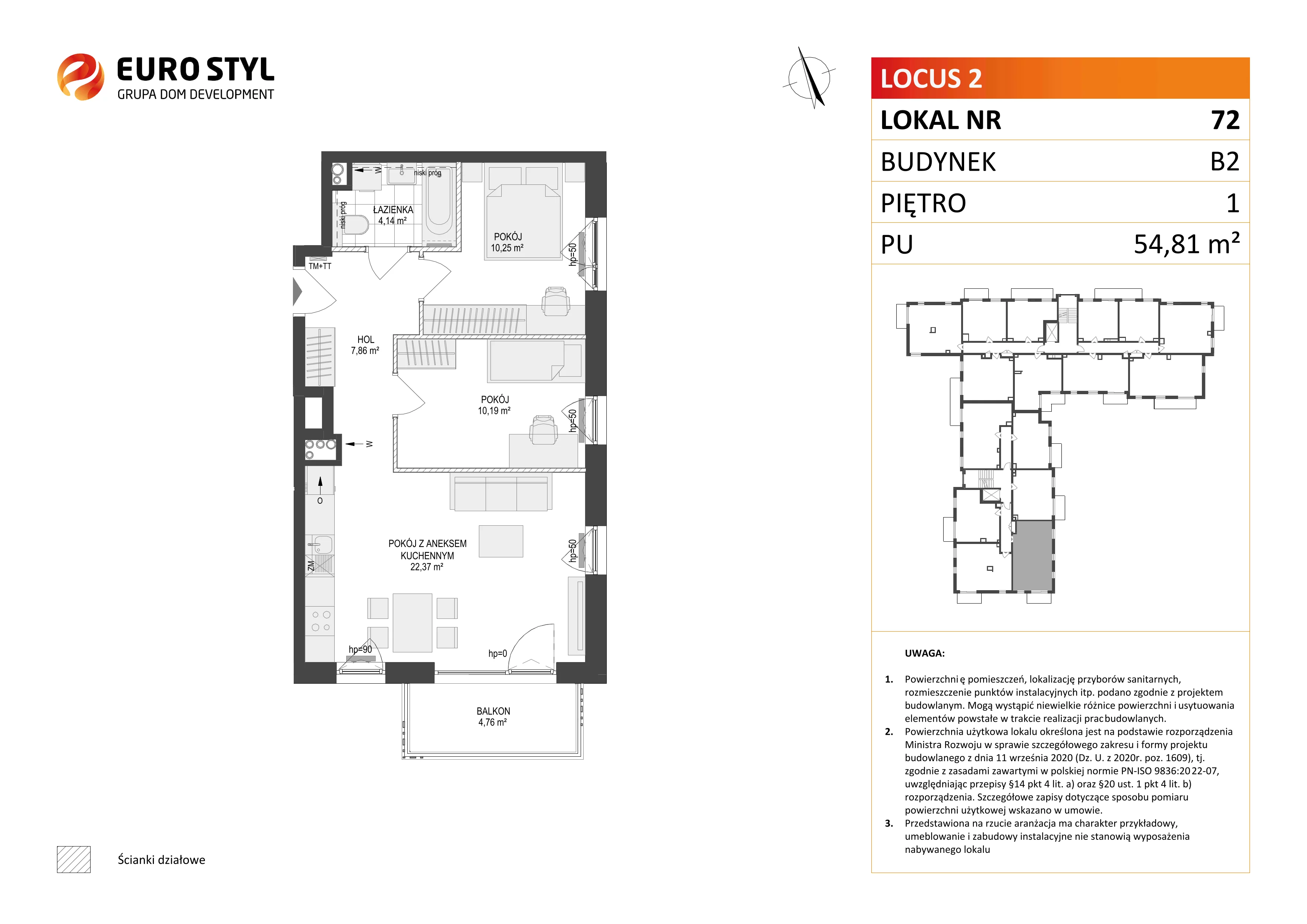 3 pokoje, mieszkanie 54,81 m², piętro 1, oferta nr B2/72, Locus 2 - etap II, Rumia, Janowo, ul. Dąbrowskiego