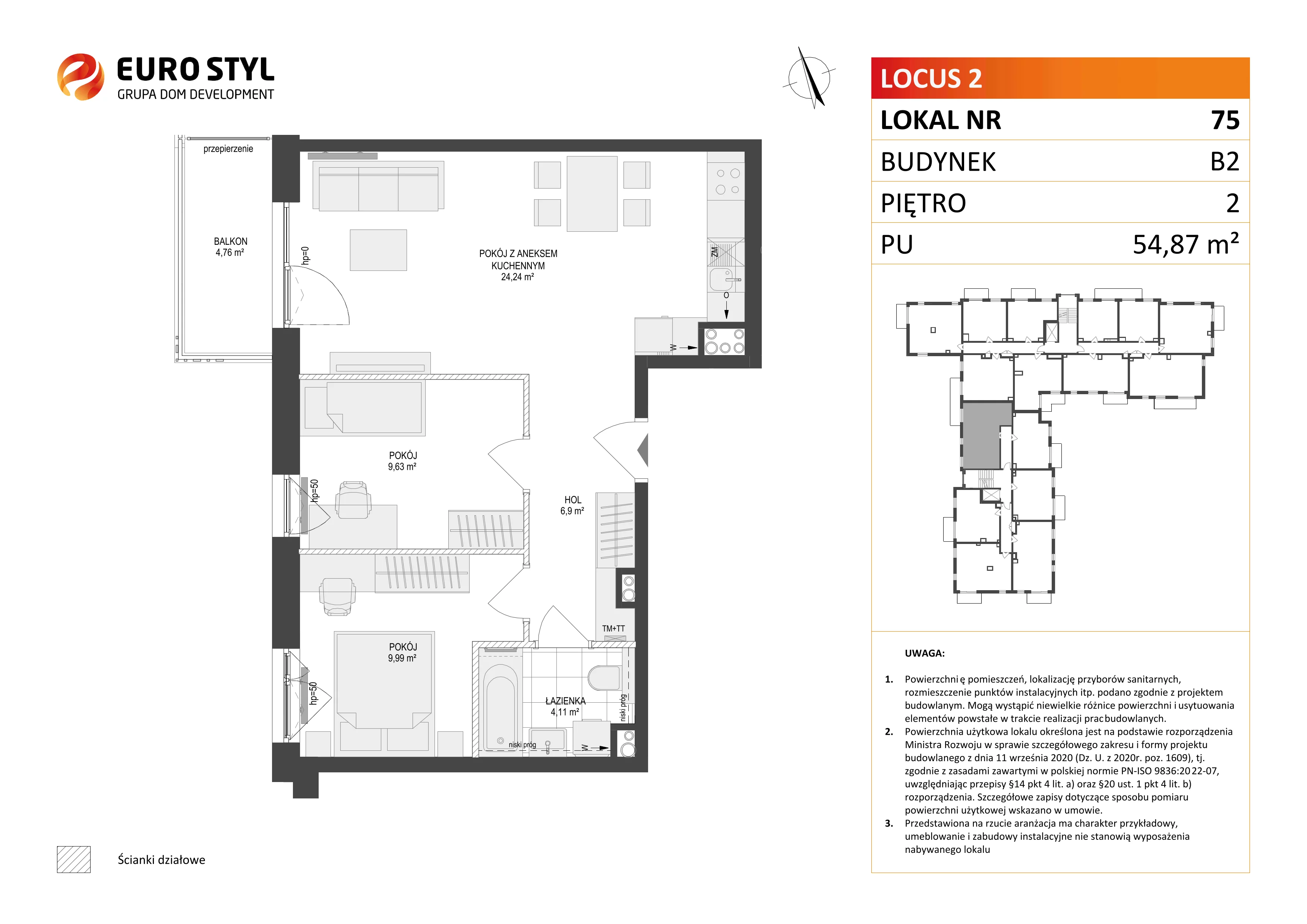 3 pokoje, mieszkanie 54,87 m², piętro 2, oferta nr B2/75, Locus 2 - etap II, Rumia, Janowo, ul. Dąbrowskiego