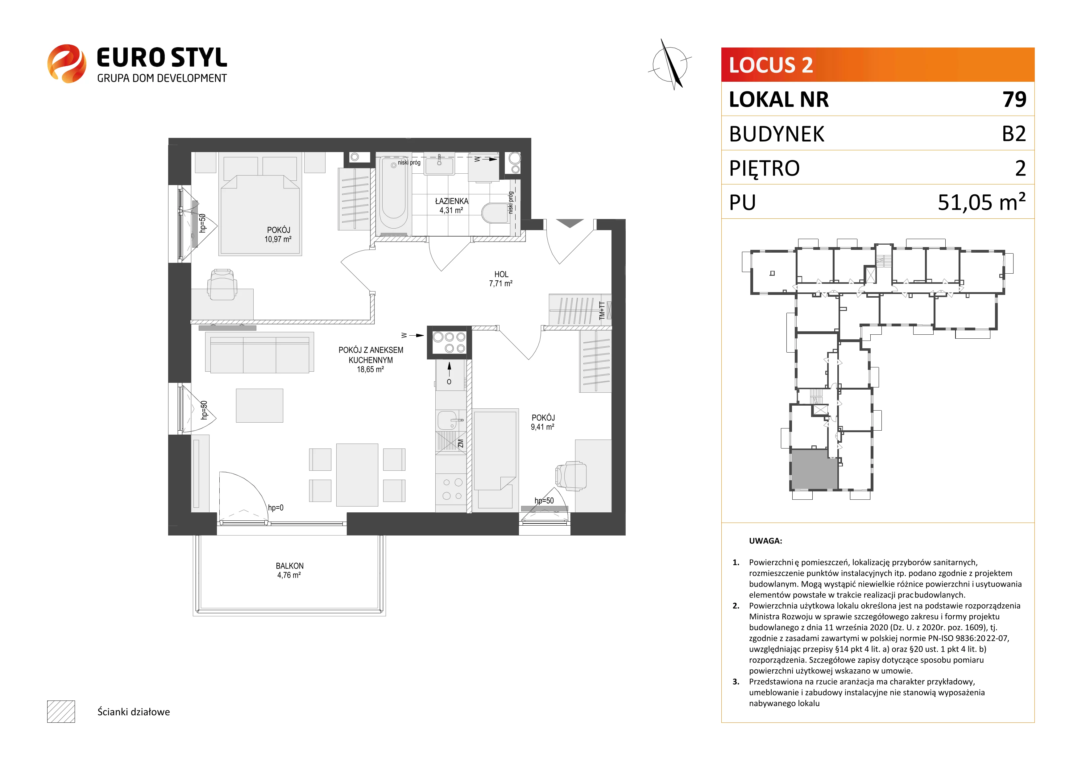 3 pokoje, mieszkanie 51,05 m², piętro 2, oferta nr B2/79, Locus 2 - etap II, Rumia, Janowo, ul. Dąbrowskiego