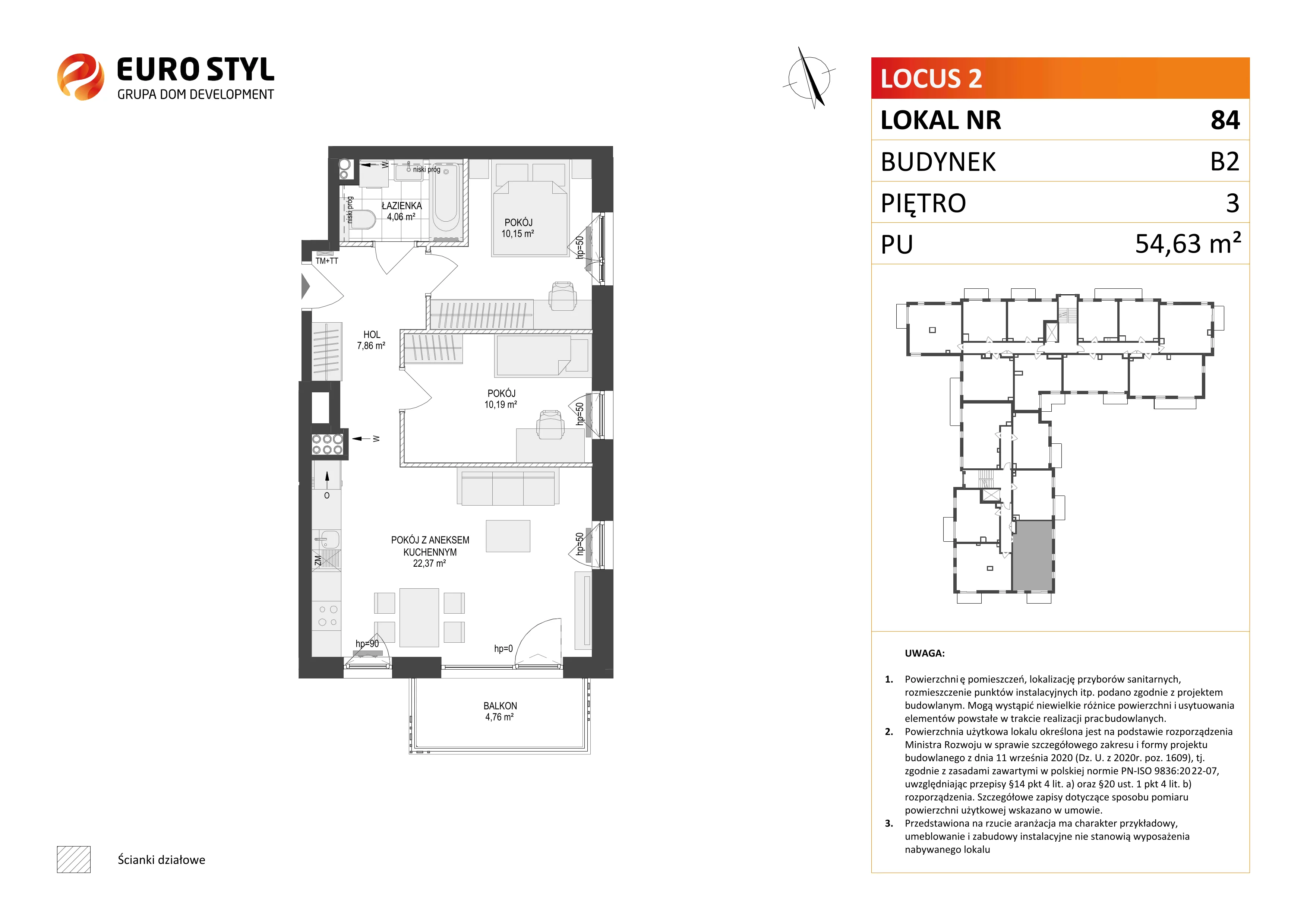 3 pokoje, mieszkanie 54,63 m², piętro 3, oferta nr B2/84, Locus 2 - etap II, Rumia, Janowo, ul. Dąbrowskiego