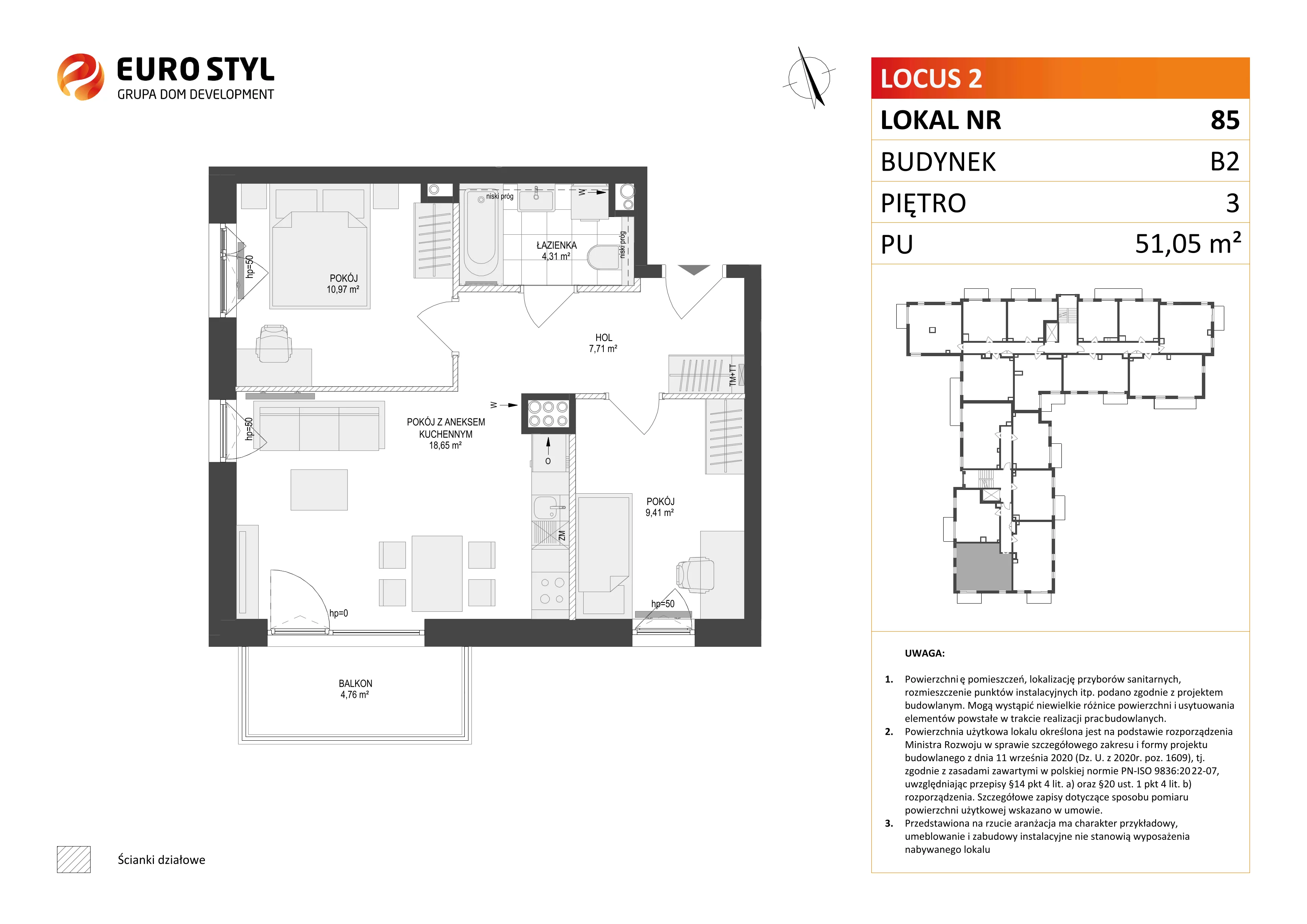 3 pokoje, mieszkanie 51,05 m², piętro 3, oferta nr B2/85, Locus 2 - etap II, Rumia, Janowo, ul. Dąbrowskiego