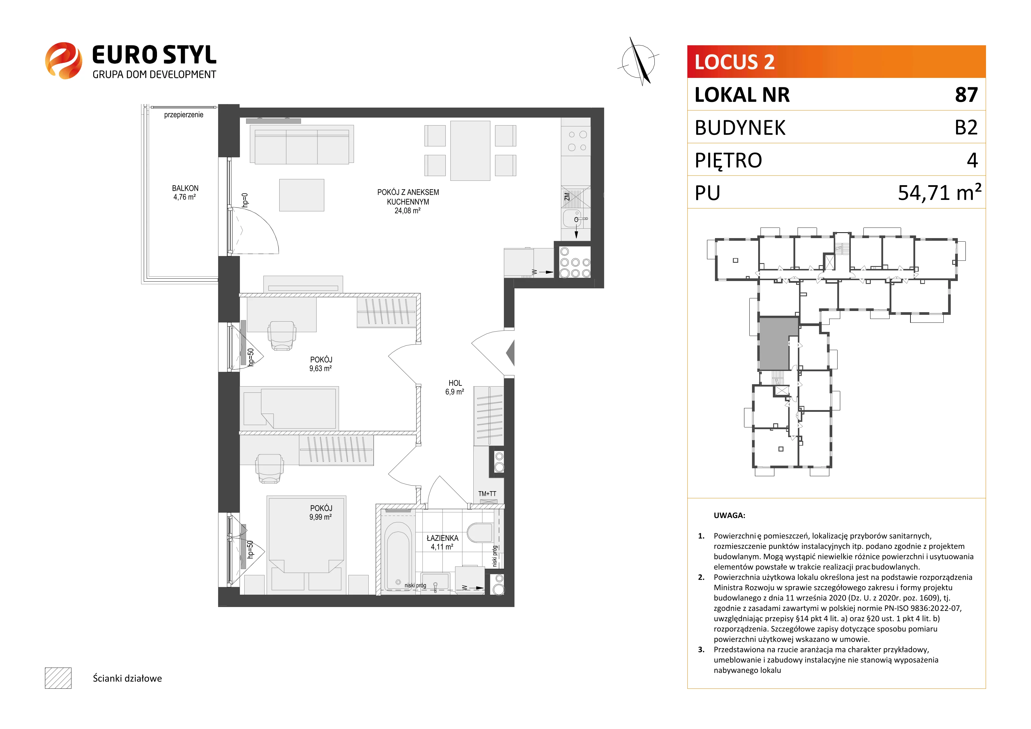 3 pokoje, mieszkanie 54,71 m², piętro 4, oferta nr B2/87, Locus 2 - etap II, Rumia, Janowo, ul. Dąbrowskiego