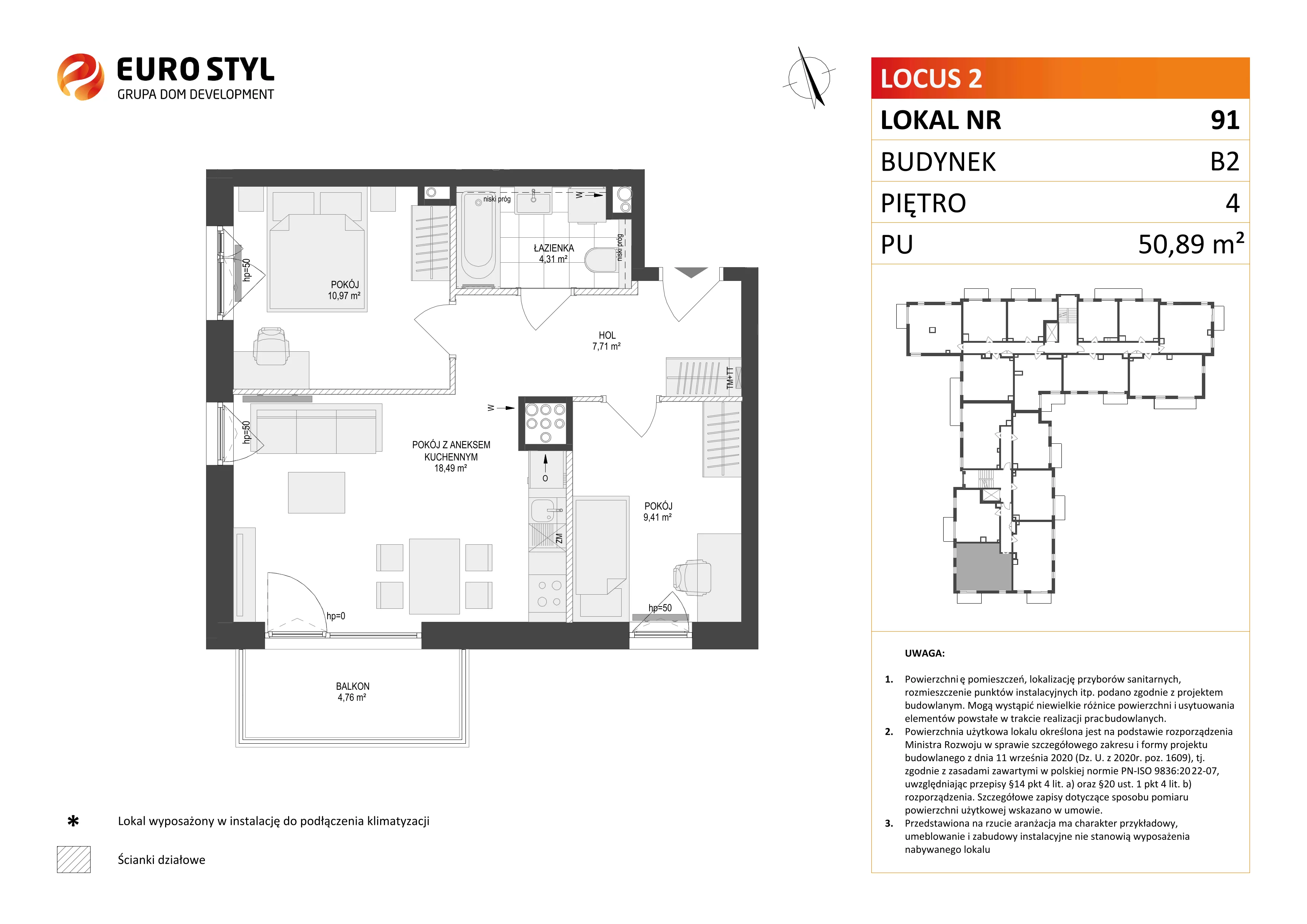 3 pokoje, mieszkanie 50,89 m², piętro 4, oferta nr B2/91, Locus 2 - etap II, Rumia, Janowo, ul. Dąbrowskiego