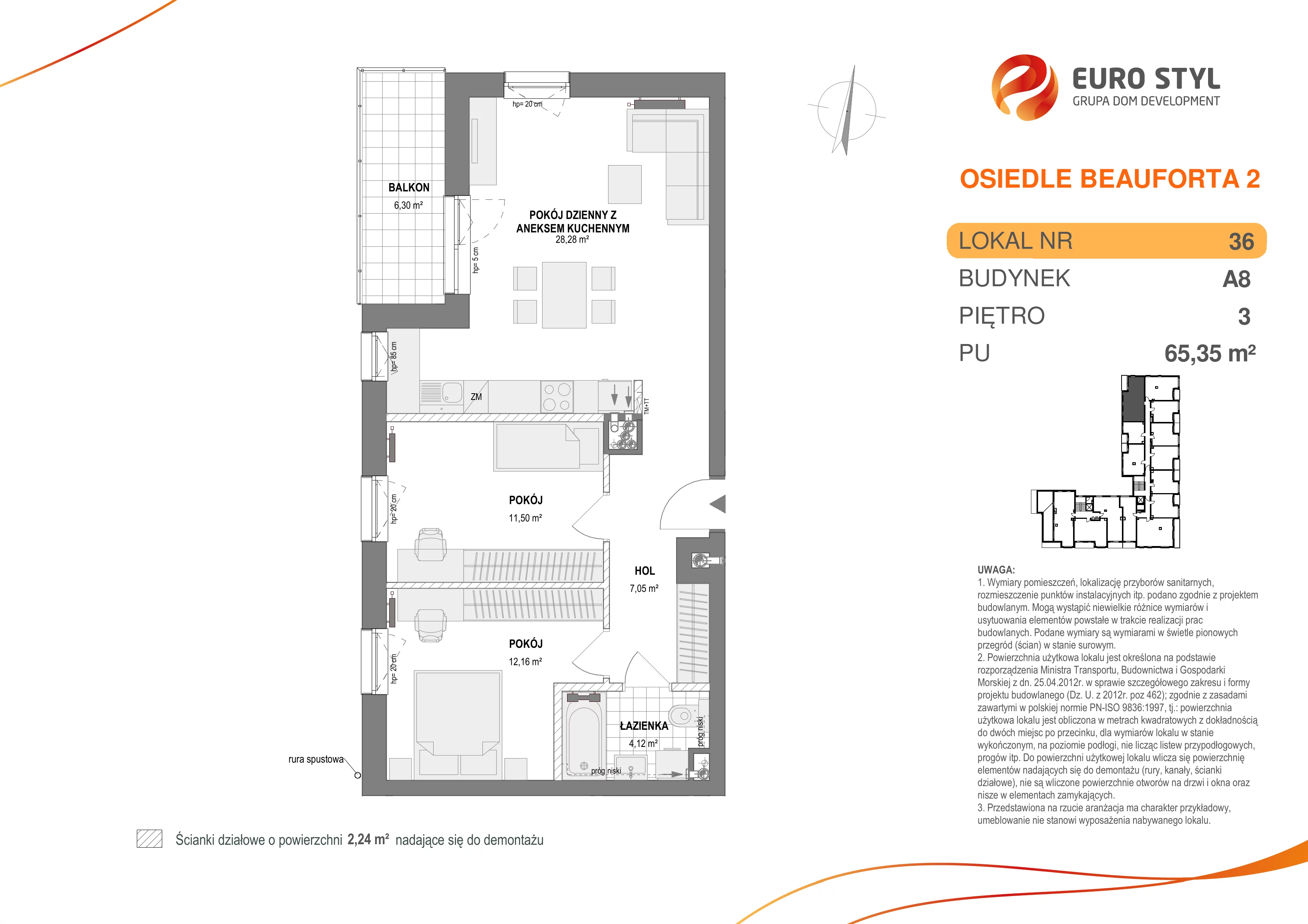 Mieszkanie 65,35 m², piętro 3, oferta nr A8/36, Osiedle Beauforta 2, Gdynia, Pogórze, ul. H. Derdowskiego