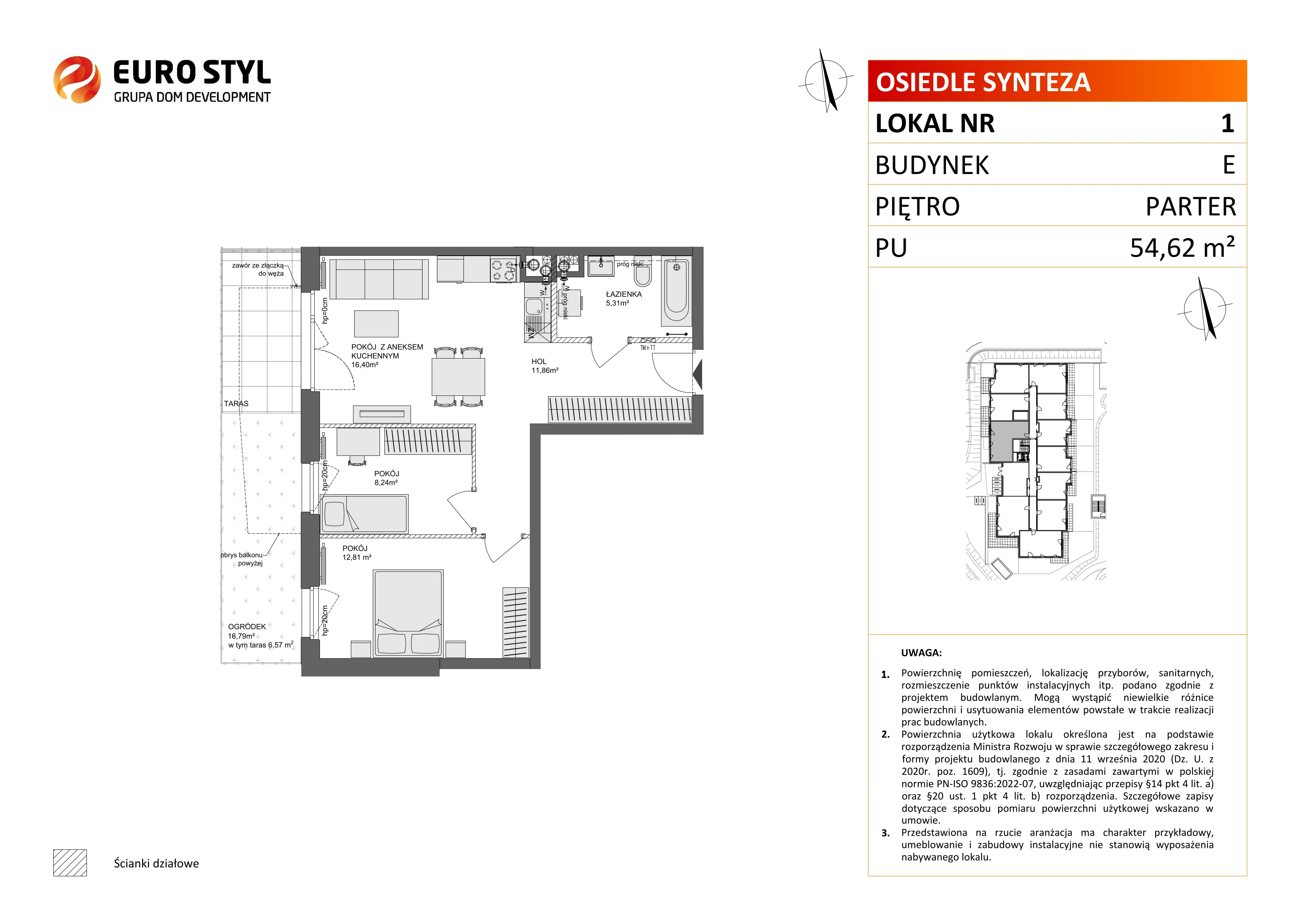 3 pokoje, mieszkanie 54,62 m², parter, oferta nr E/1, Osiedle Synteza bud. E, F, Gdańsk, Piecki-Migowo, Morena, ul. Lema
