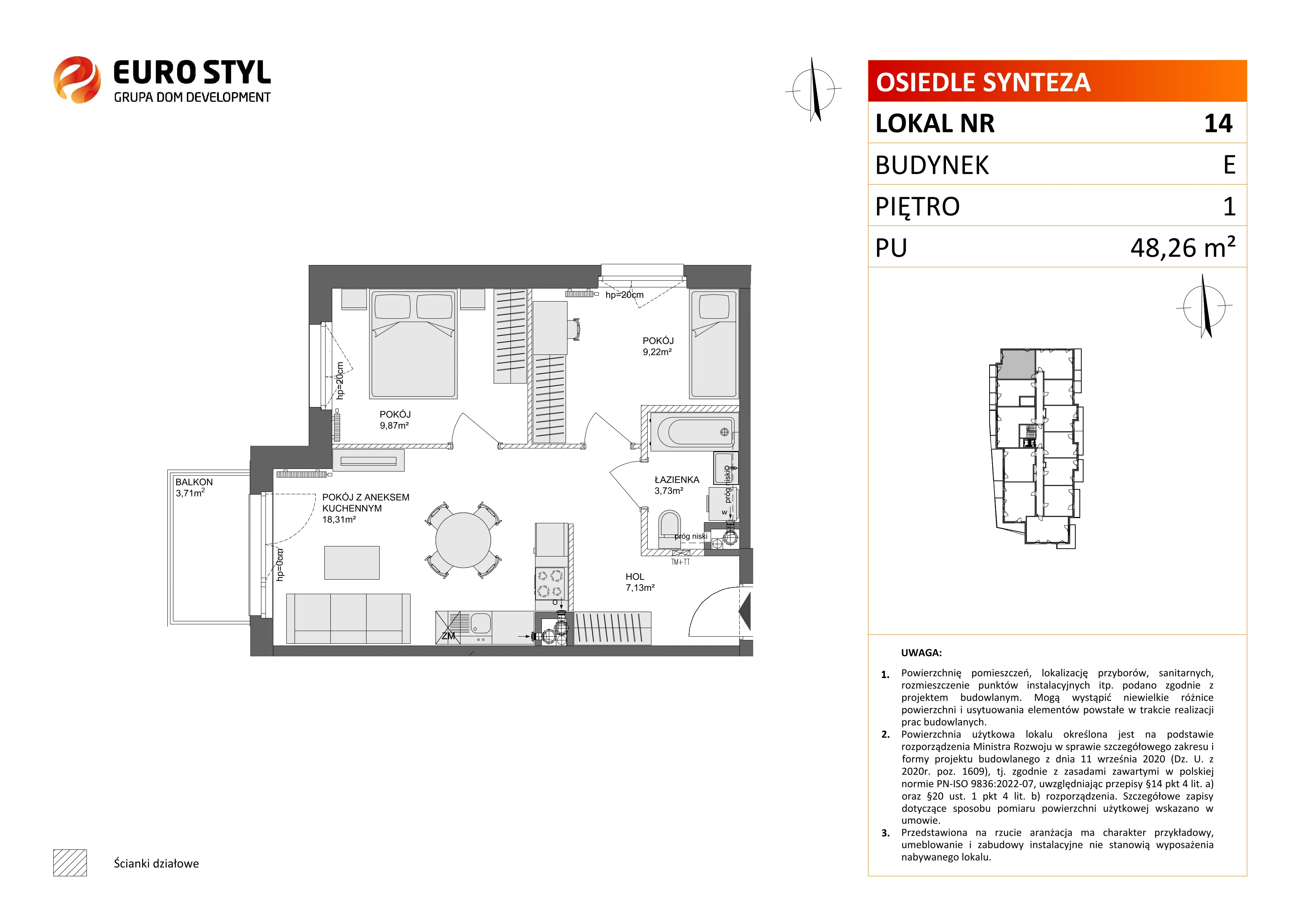 3 pokoje, mieszkanie 48,26 m², piętro 1, oferta nr E/14, Osiedle Synteza bud. E, F, Gdańsk, Piecki-Migowo, Morena, ul. Lema