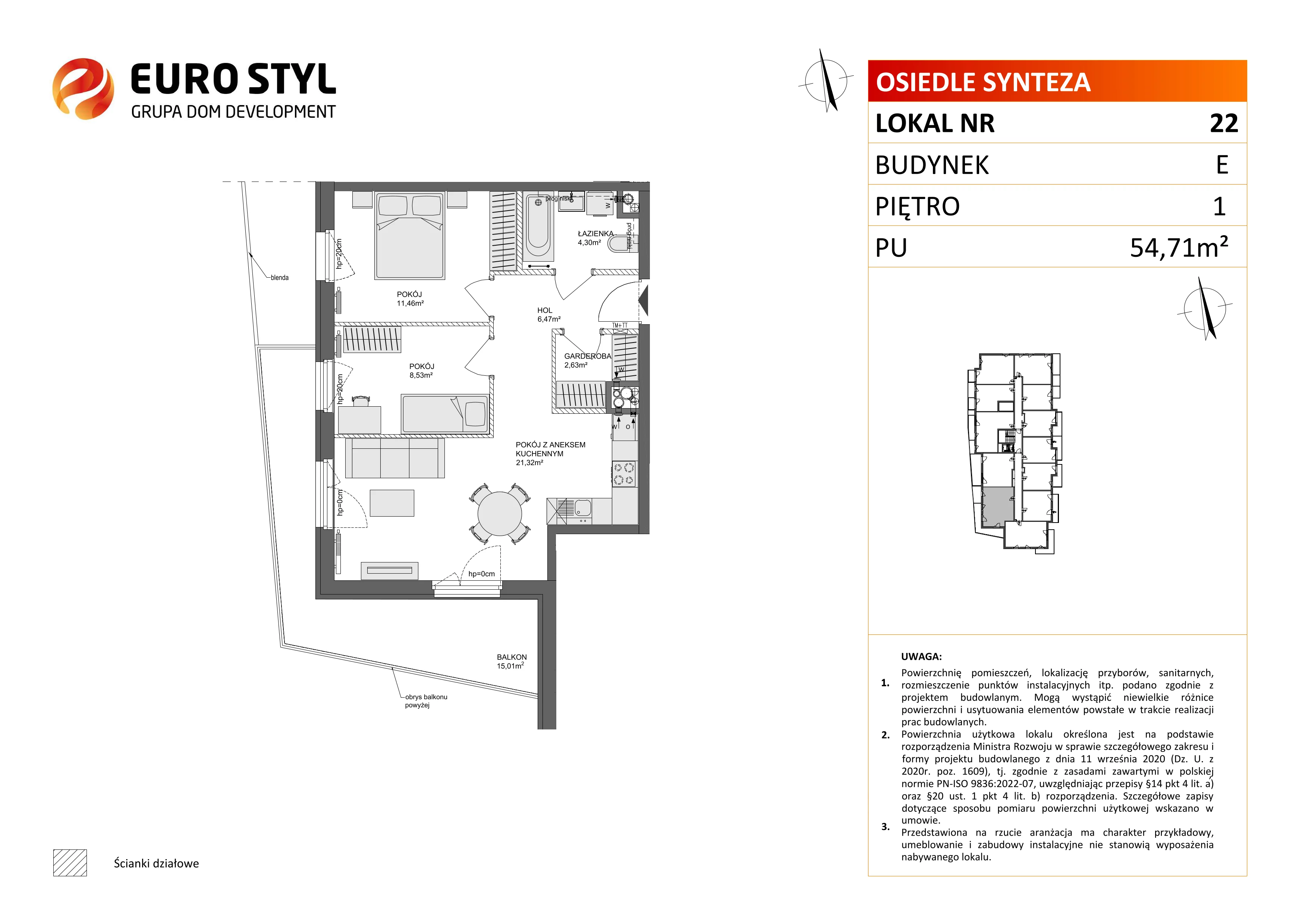 3 pokoje, mieszkanie 54,66 m², piętro 1, oferta nr E/22, Osiedle Synteza bud. E, F, Gdańsk, Piecki-Migowo, Morena, ul. Lema