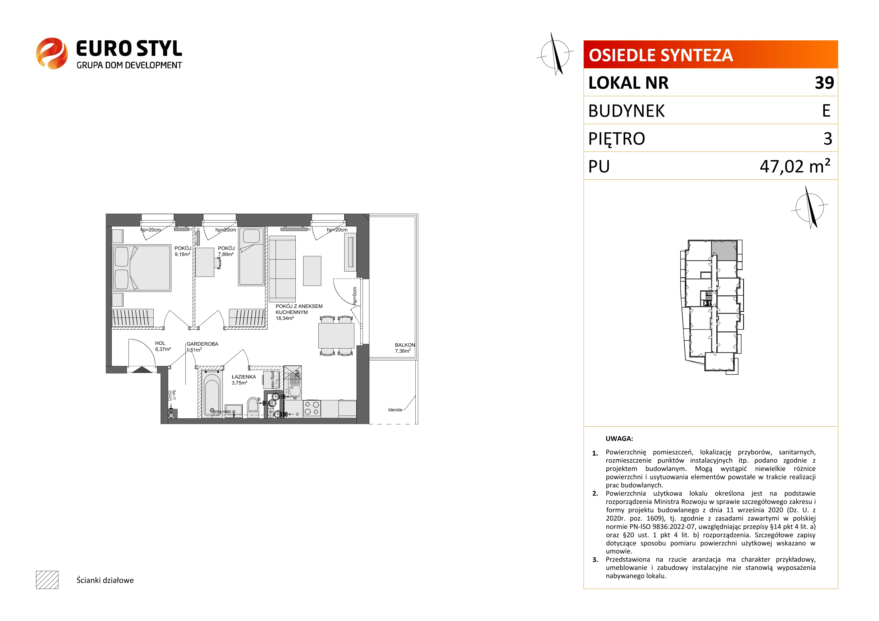 3 pokoje, mieszkanie 47,02 m², piętro 3, oferta nr E/39, Osiedle Synteza bud. E, F, Gdańsk, Piecki-Migowo, Morena, ul. Lema