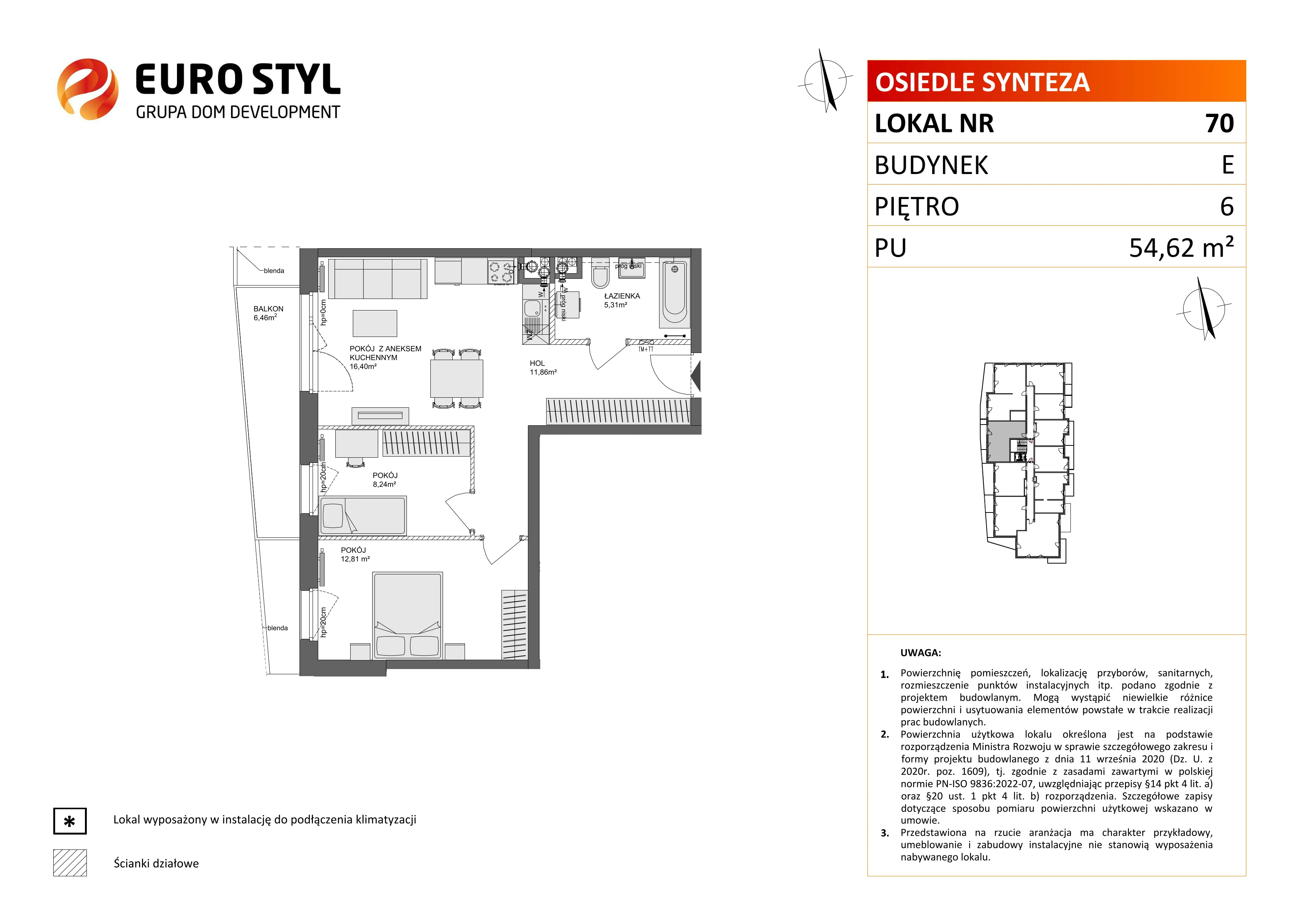 3 pokoje, mieszkanie 54,62 m², piętro 6, oferta nr E/70, Osiedle Synteza bud. E, F, Gdańsk, Piecki-Migowo, Morena, ul. Lema