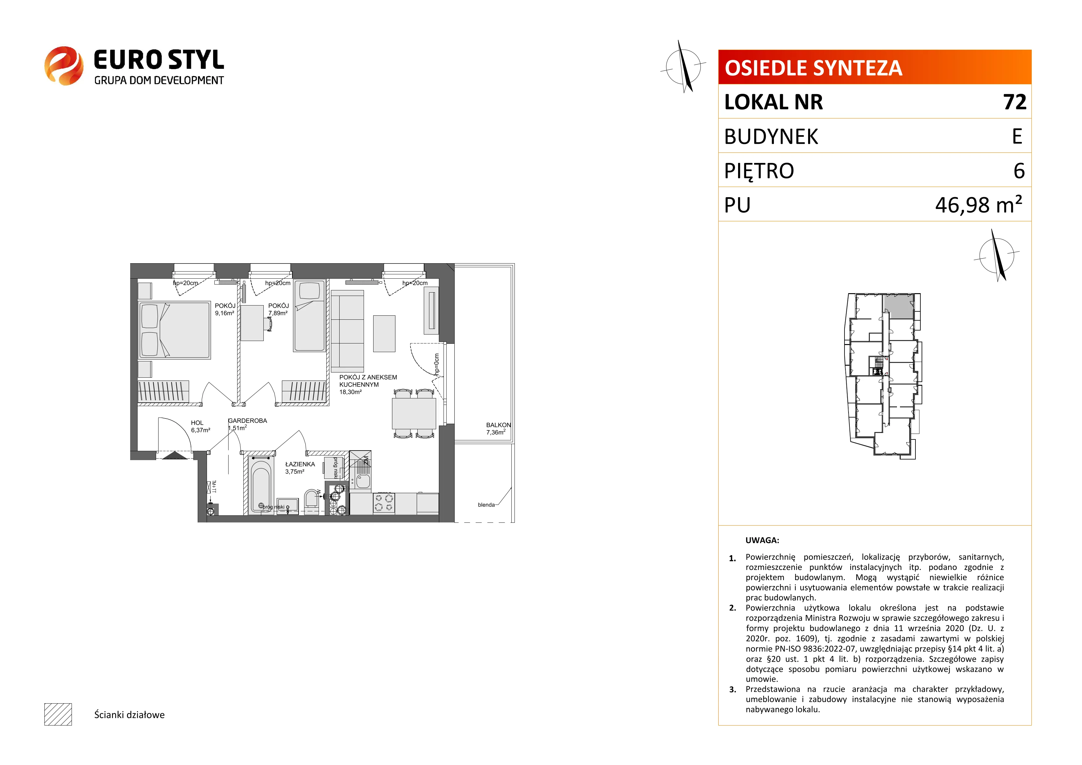 3 pokoje, mieszkanie 46,98 m², piętro 6, oferta nr E/72, Osiedle Synteza bud. E, F, Gdańsk, Piecki-Migowo, Morena, ul. Lema