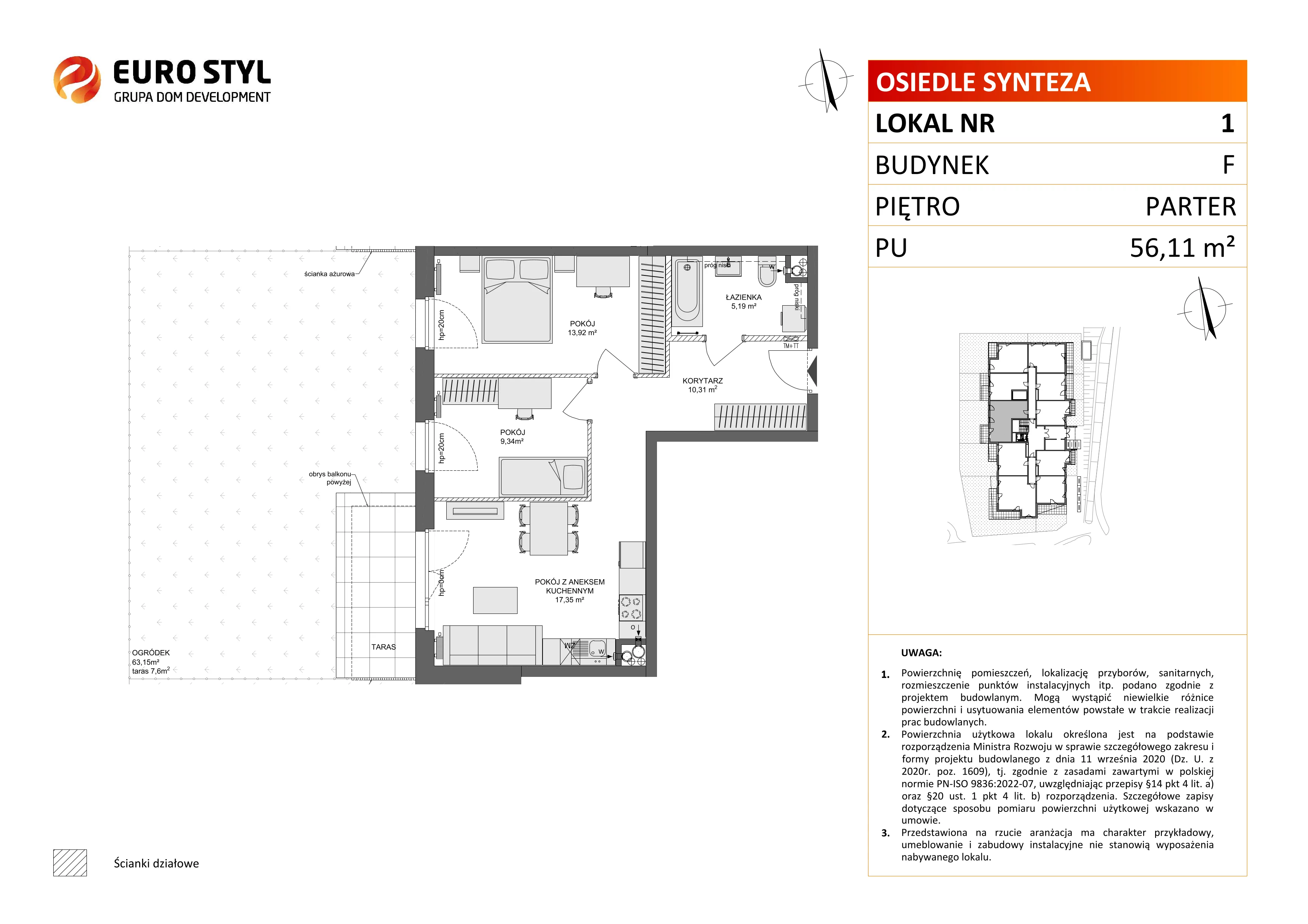 3 pokoje, mieszkanie 56,11 m², parter, oferta nr F/1, Osiedle Synteza bud. E, F, Gdańsk, Piecki-Migowo, Morena, ul. Lema