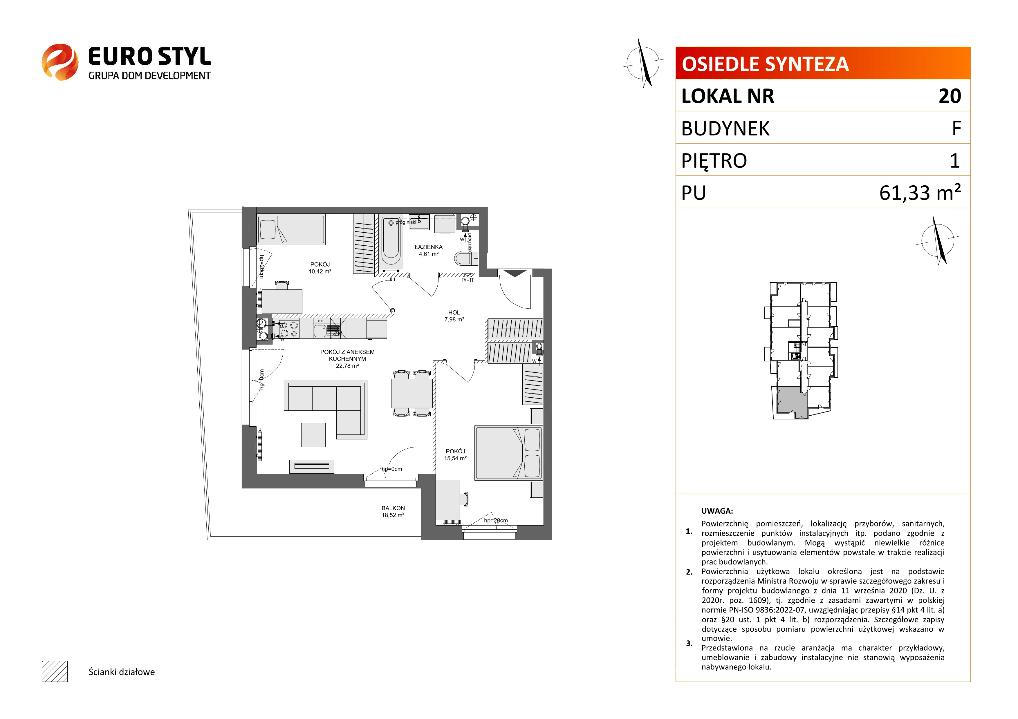 3 pokoje, mieszkanie 61,33 m², piętro 1, oferta nr F/20, Osiedle Synteza bud. E, F, Gdańsk, Piecki-Migowo, Morena, ul. Lema