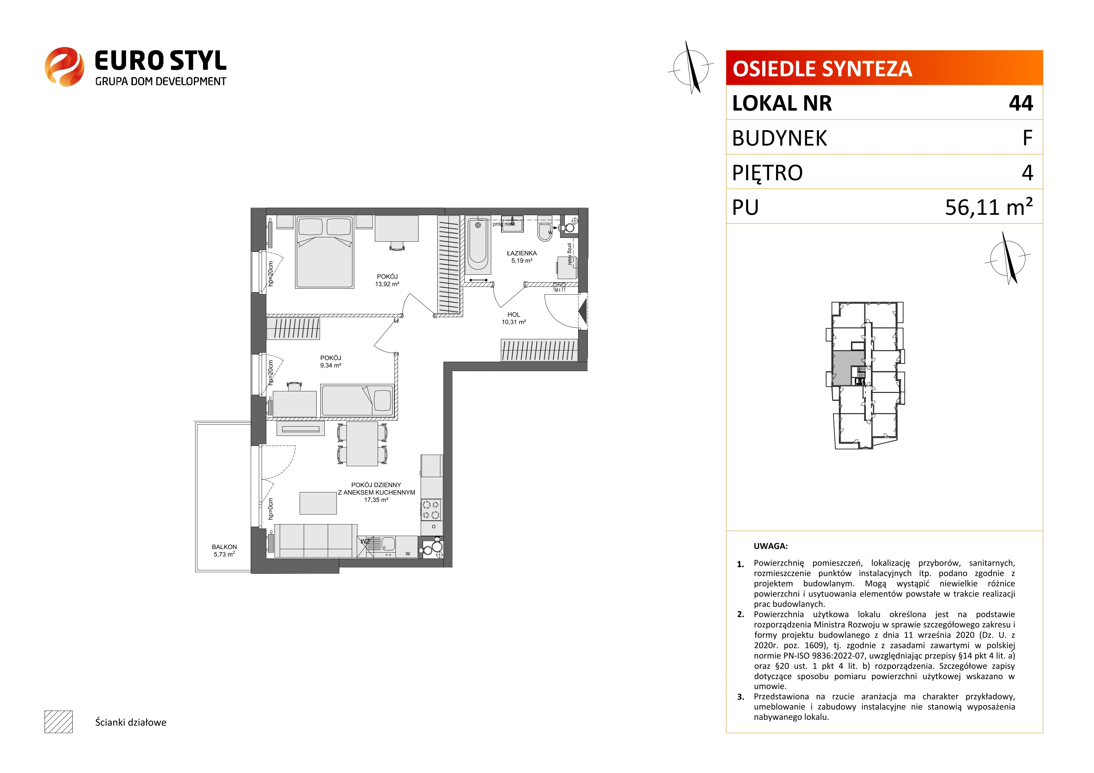 3 pokoje, mieszkanie 56,11 m², piętro 4, oferta nr F/44, Osiedle Synteza bud. E, F, Gdańsk, Piecki-Migowo, Morena, ul. Lema