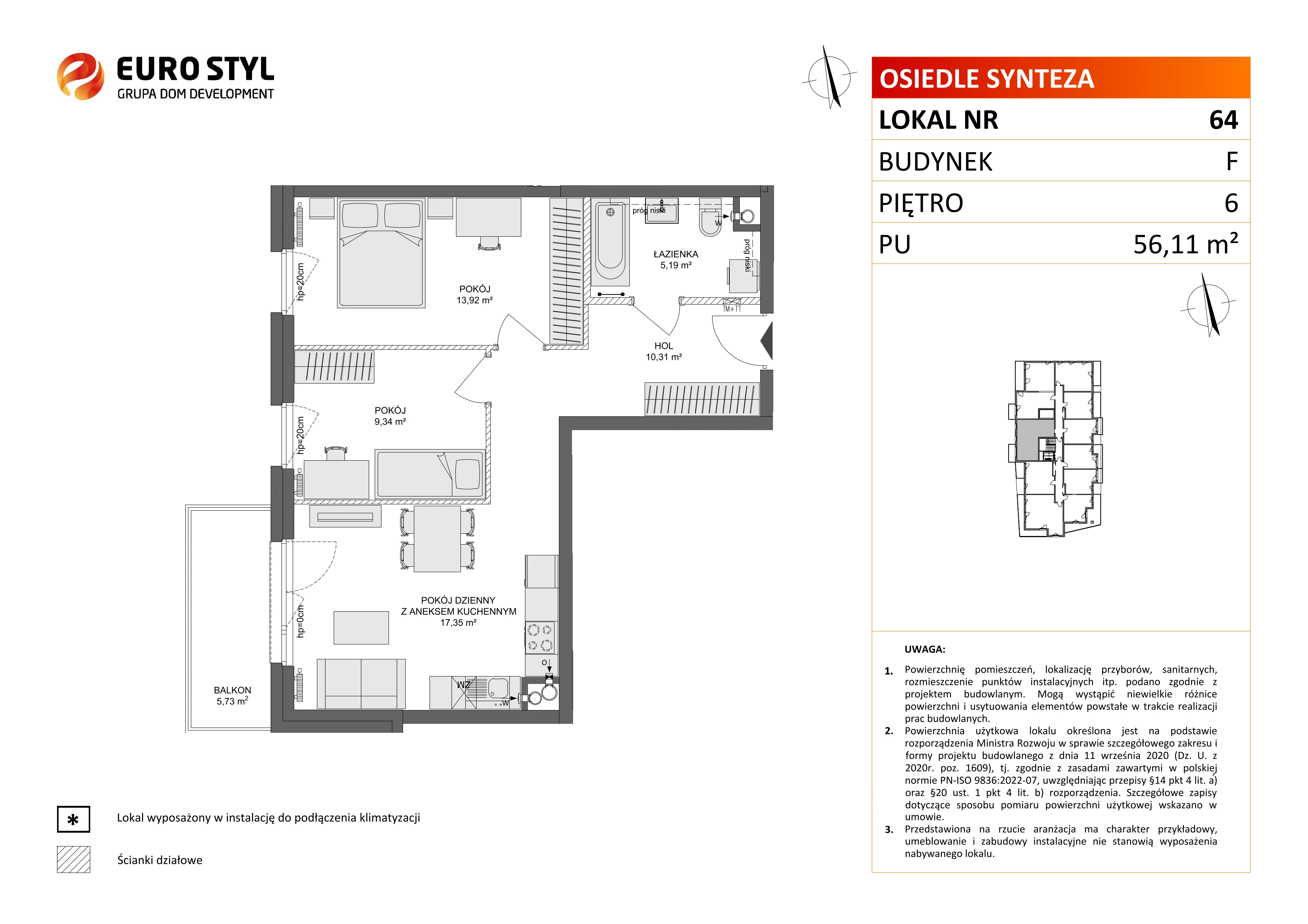 3 pokoje, mieszkanie 56,11 m², piętro 6, oferta nr F/64, Osiedle Synteza bud. E, F, Gdańsk, Piecki-Migowo, Morena, ul. Lema