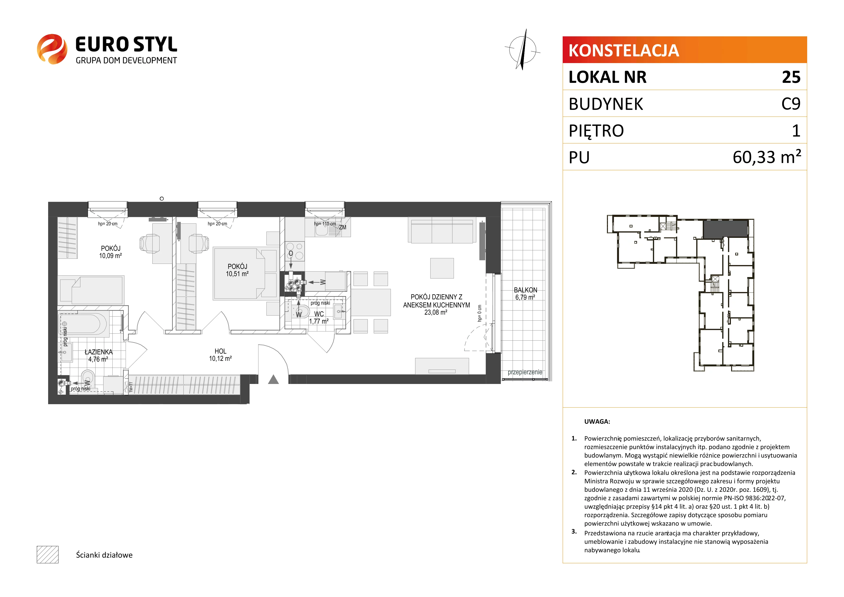 3 pokoje, mieszkanie 60,33 m², piętro 1, oferta nr C9/25, Konstelacja - etap III, Gdynia, Pogórze, ul. Paderewskiego