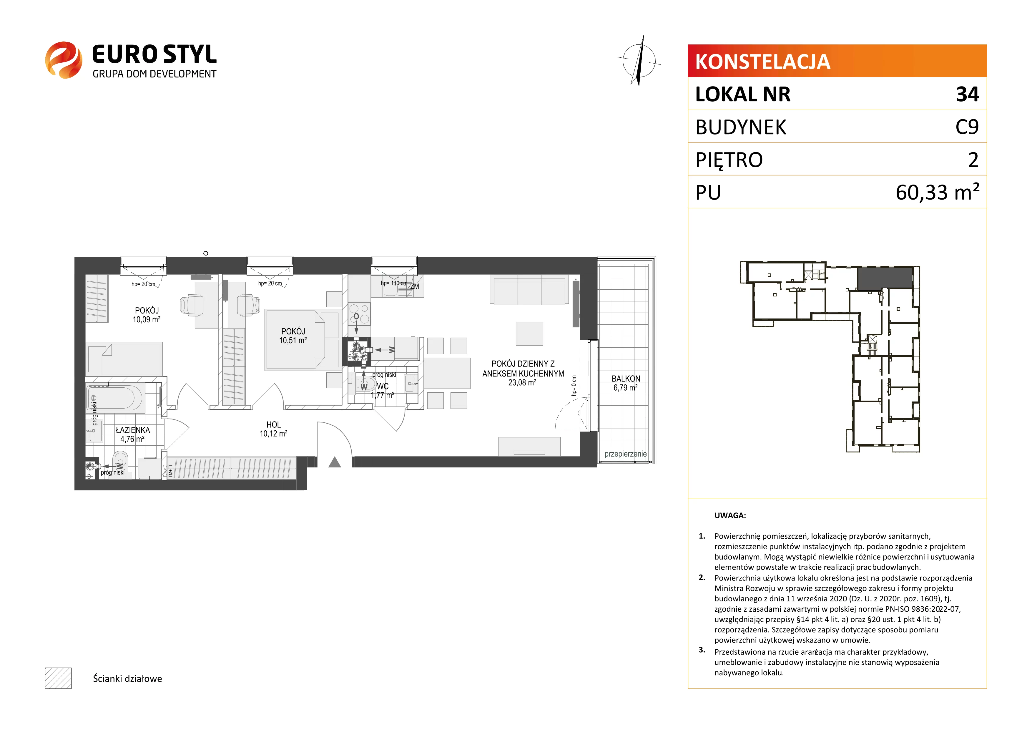 3 pokoje, mieszkanie 60,33 m², piętro 2, oferta nr C9/34, Konstelacja - etap III, Gdynia, Pogórze, ul. Paderewskiego