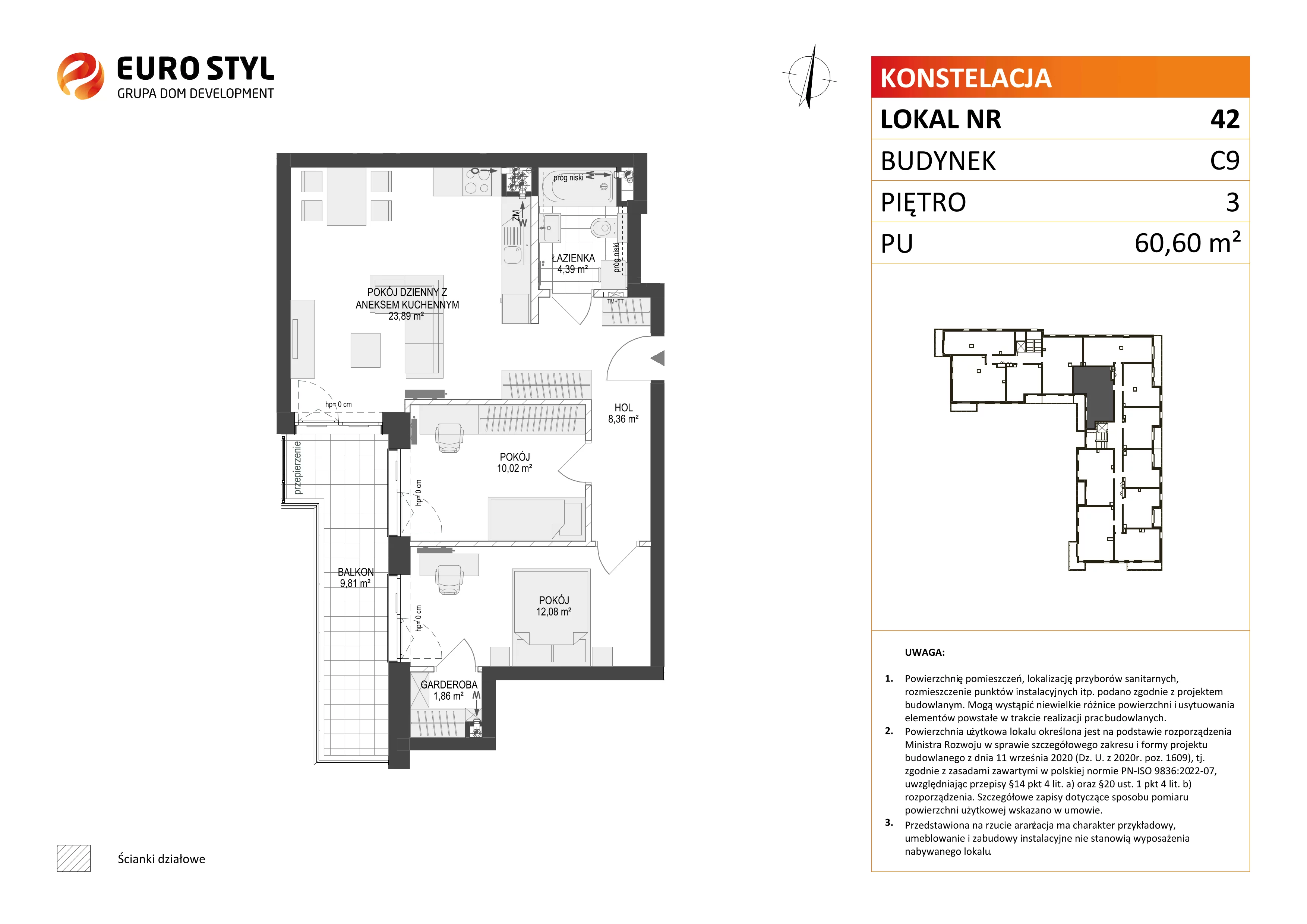 3 pokoje, mieszkanie 60,60 m², piętro 3, oferta nr C9/42, Konstelacja - etap III, Gdynia, Pogórze, ul. Paderewskiego