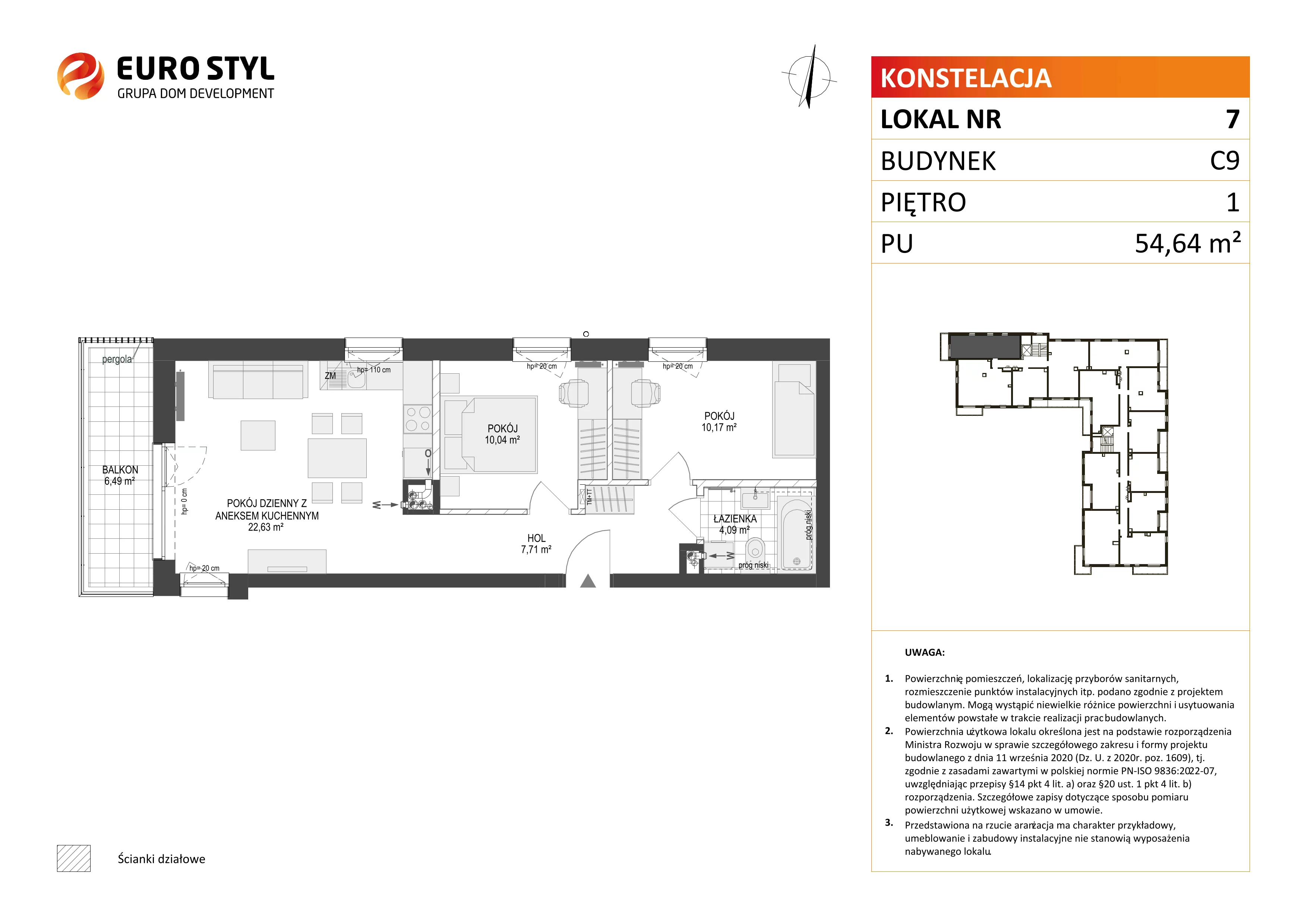 3 pokoje, mieszkanie 54,64 m², piętro 1, oferta nr C9/7, Konstelacja - etap III, Gdynia, Pogórze, ul. Paderewskiego