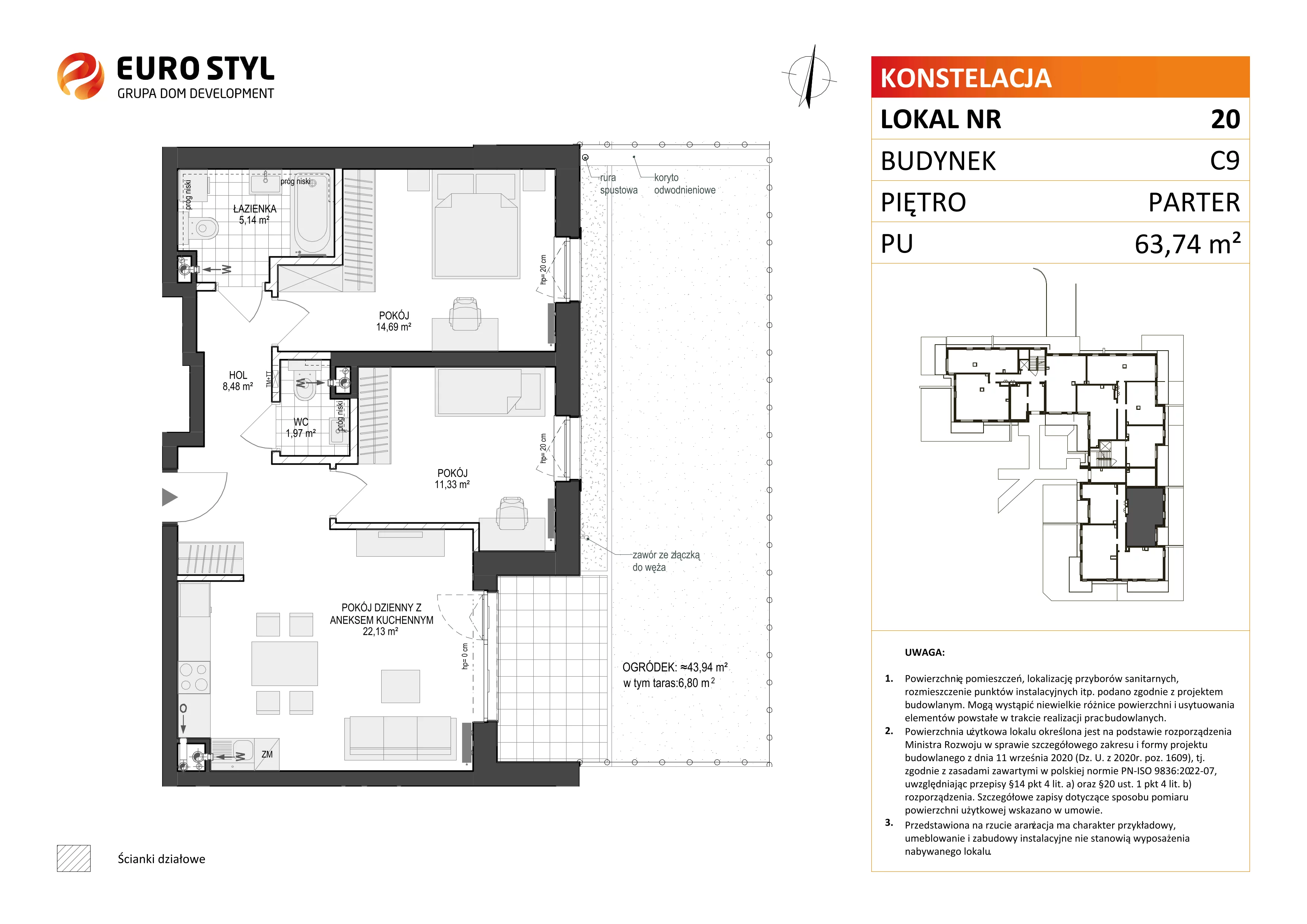 3 pokoje, mieszkanie 63,74 m², parter, oferta nr C9/20, Konstelacja - etap III, Gdynia, Pogórze, ul. Paderewskiego