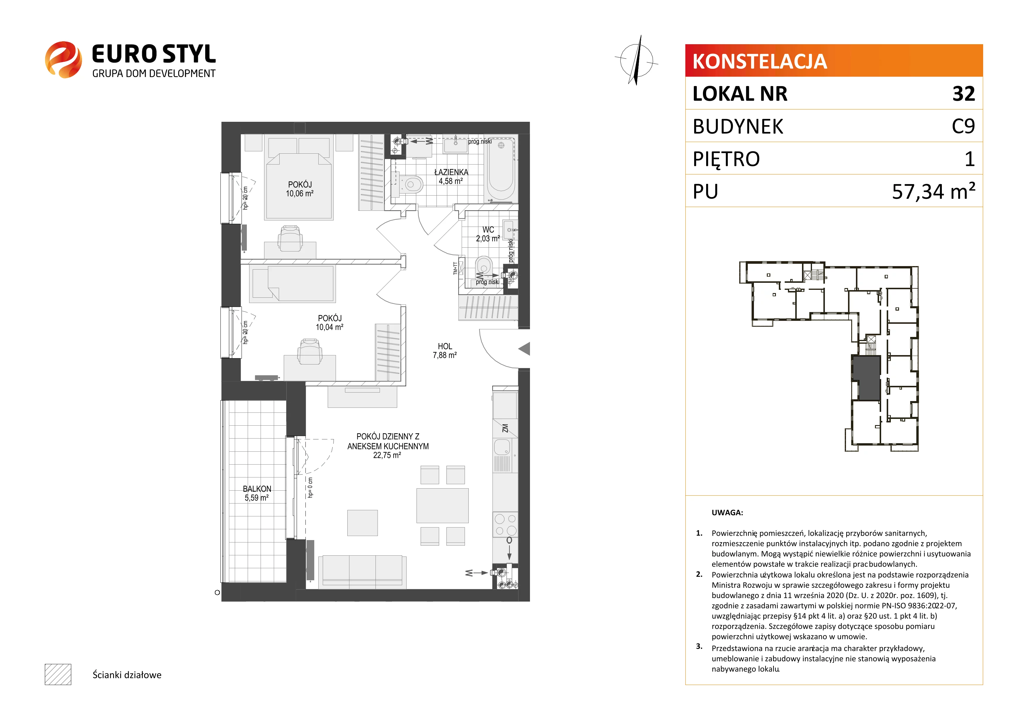 3 pokoje, mieszkanie 57,34 m², piętro 1, oferta nr C9/32, Konstelacja - etap III, Gdynia, Pogórze, ul. Paderewskiego