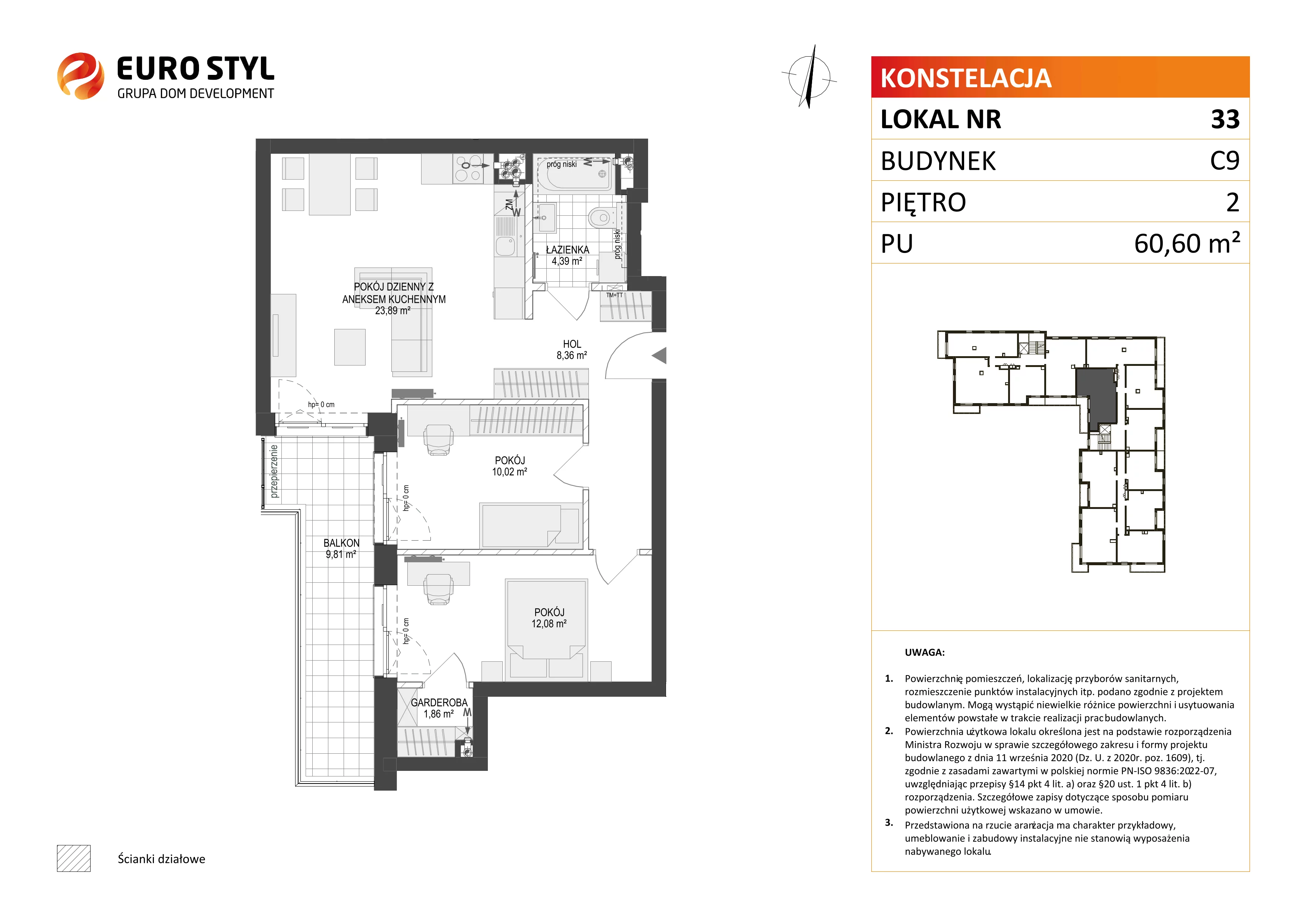 3 pokoje, mieszkanie 60,60 m², piętro 2, oferta nr C9/33, Konstelacja - etap III, Gdynia, Pogórze, ul. Paderewskiego