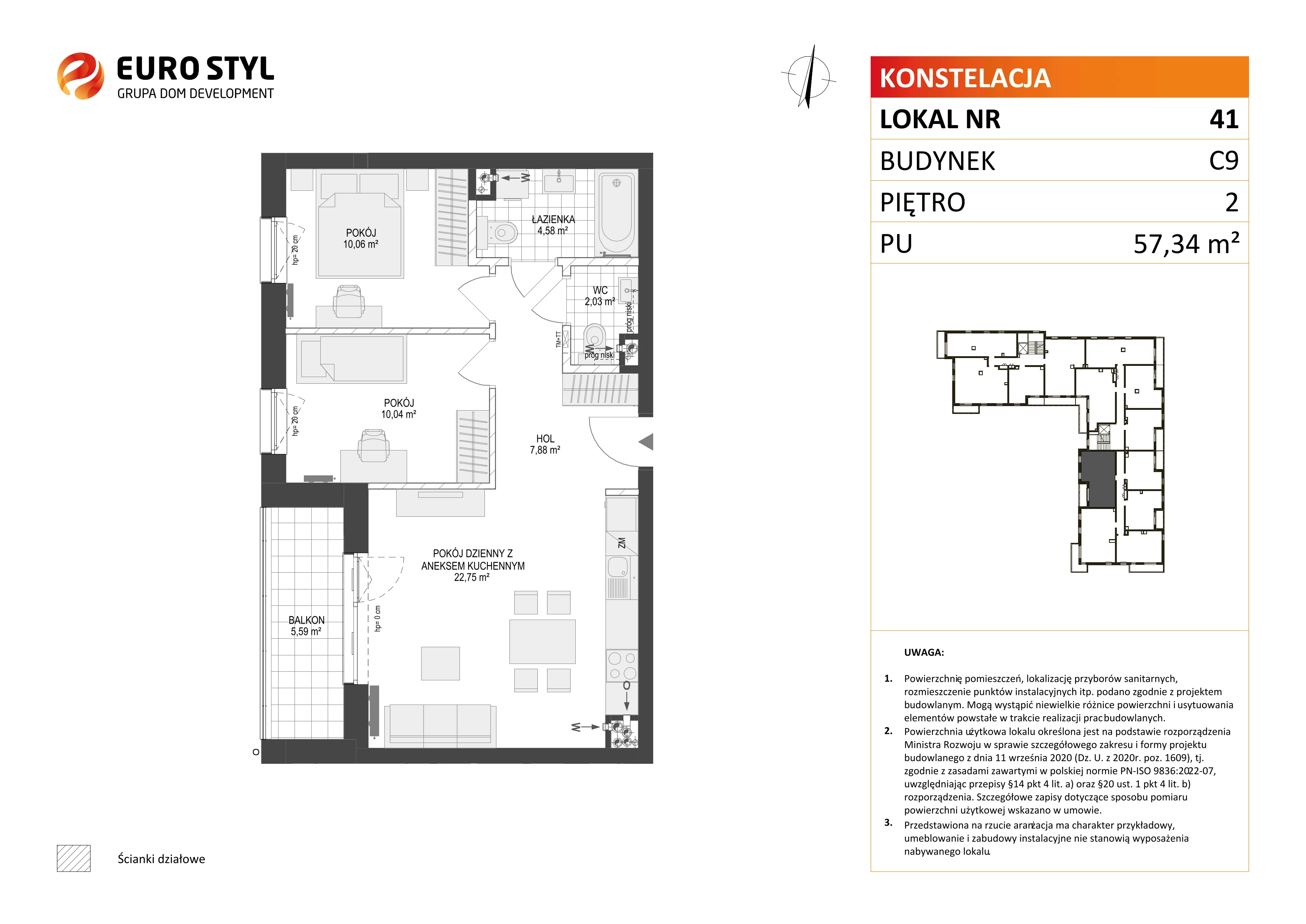 3 pokoje, mieszkanie 57,34 m², piętro 2, oferta nr C9/41, Konstelacja - etap III, Gdynia, Pogórze, ul. Paderewskiego
