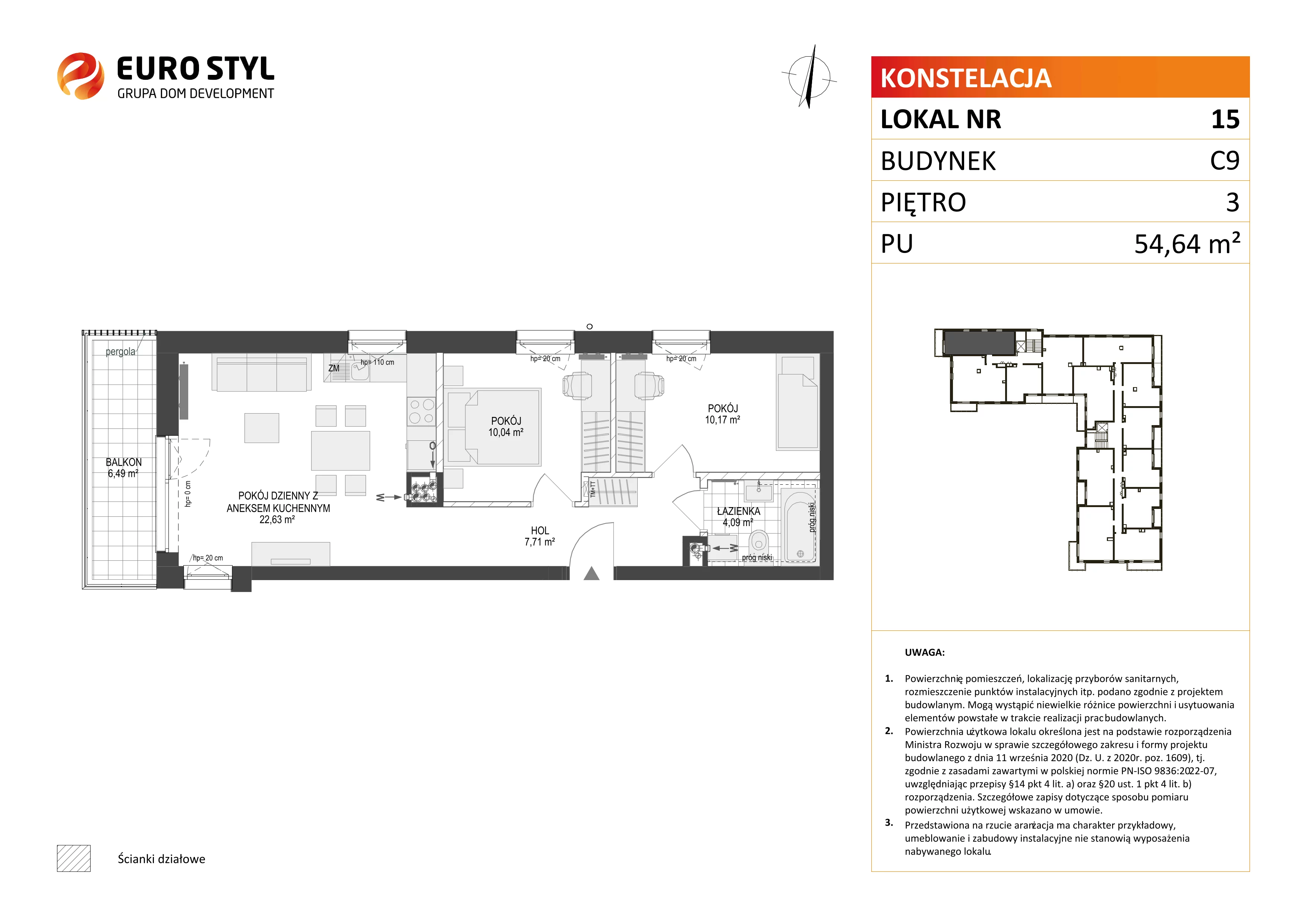 3 pokoje, mieszkanie 54,64 m², piętro 3, oferta nr C9/15, Konstelacja - etap III, Gdynia, Pogórze, ul. Paderewskiego