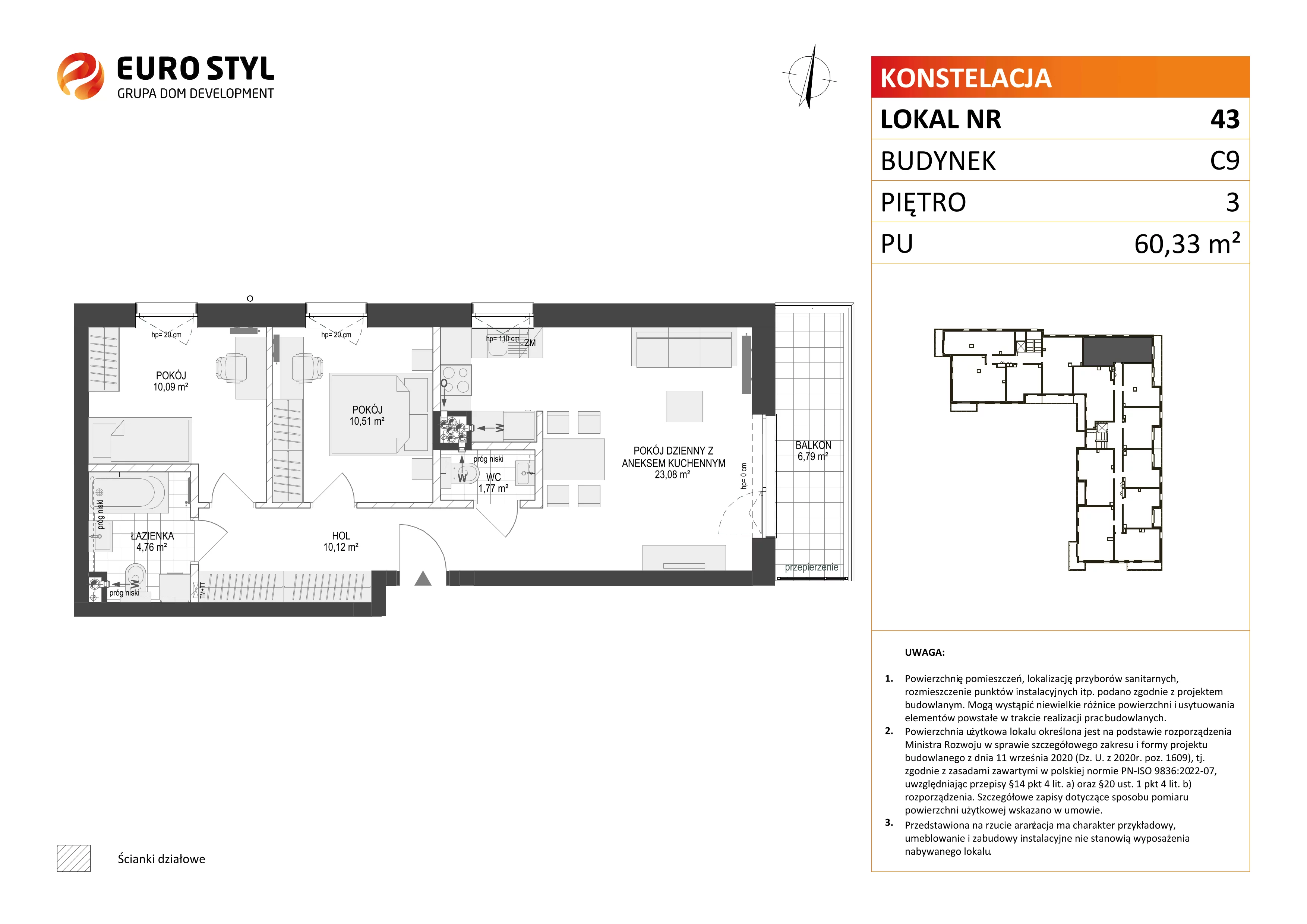 3 pokoje, mieszkanie 60,33 m², piętro 3, oferta nr C9/43, Konstelacja - etap III, Gdynia, Pogórze, ul. Paderewskiego