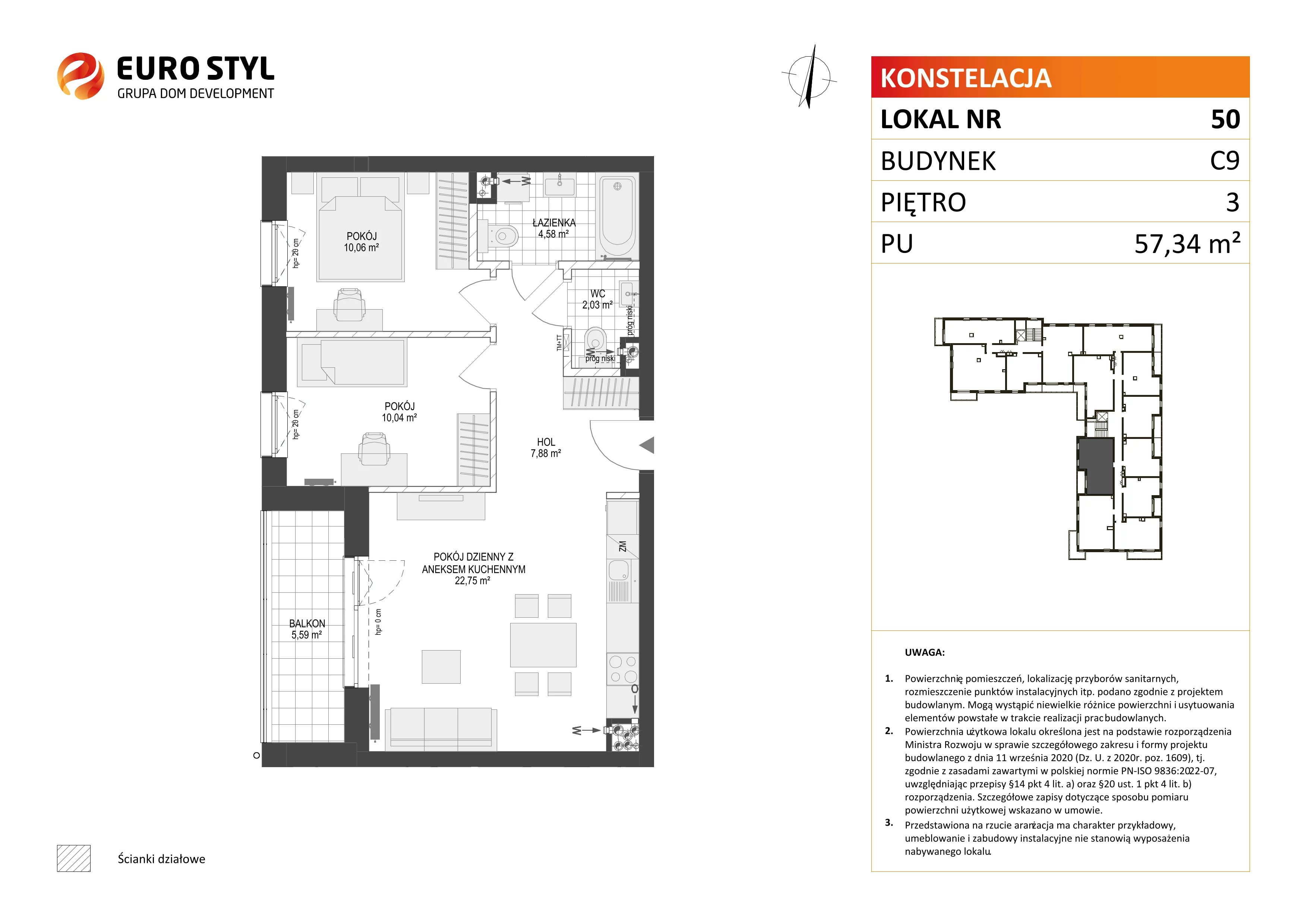 3 pokoje, mieszkanie 57,34 m², piętro 3, oferta nr C9/50, Konstelacja - etap III, Gdynia, Pogórze, ul. Paderewskiego